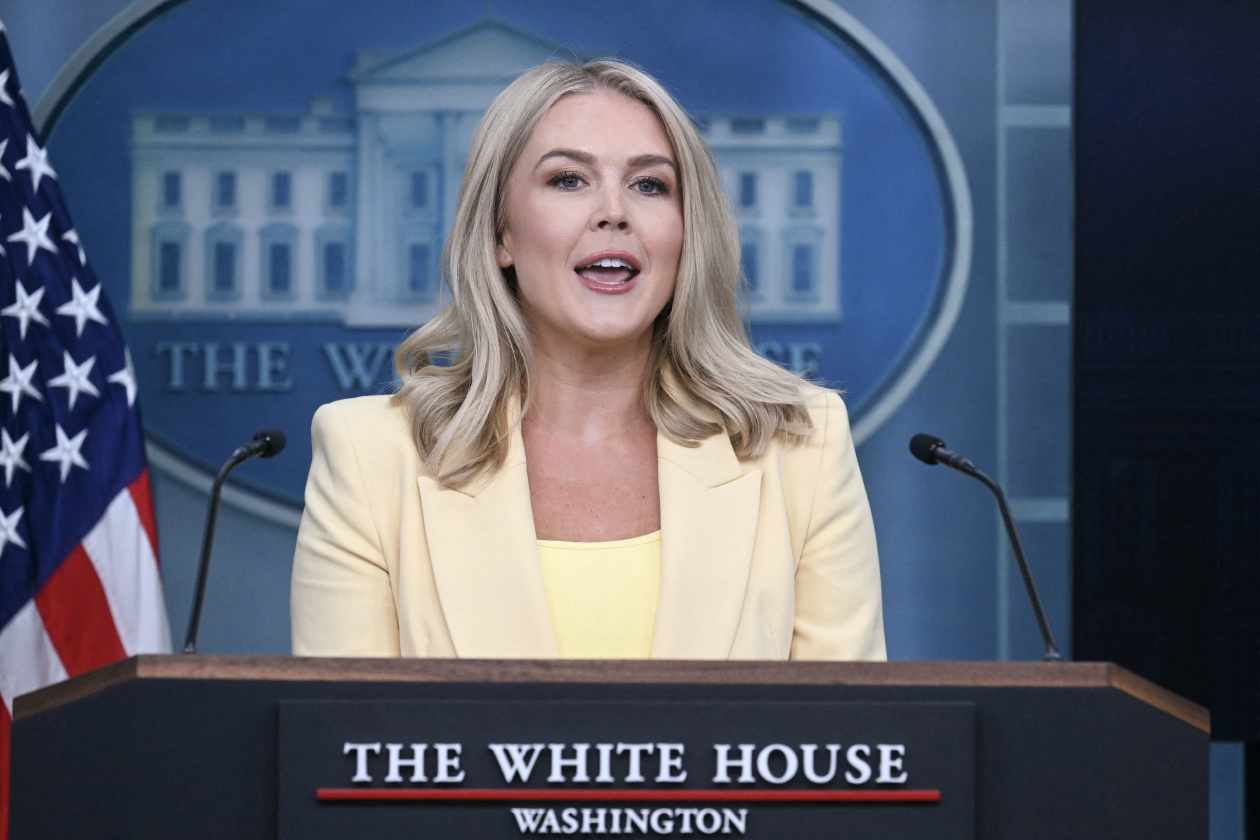 Press secretary Karoline Leavitt giving a press briefing at the White House.