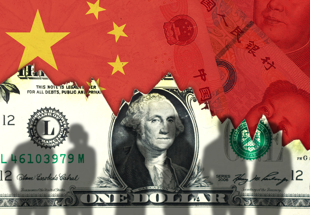 Illustration of the Chinese flag and yuan currency tearing to reveal a US dollar bill and George Washington.