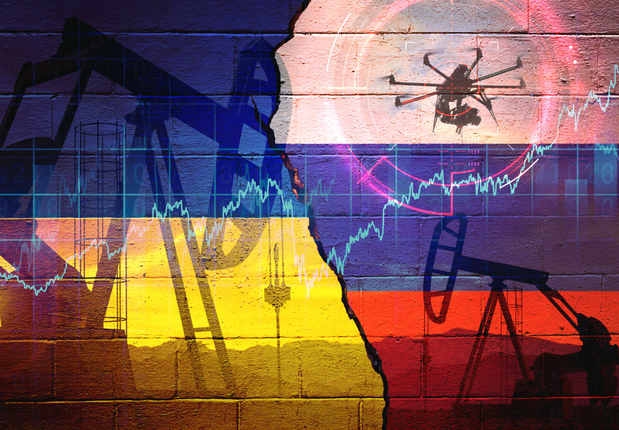 Illustration of a cracked brick wall depicting the flags of Ukraine and Russia, overlaid with oil derricks, a drone, and stock market graphs.