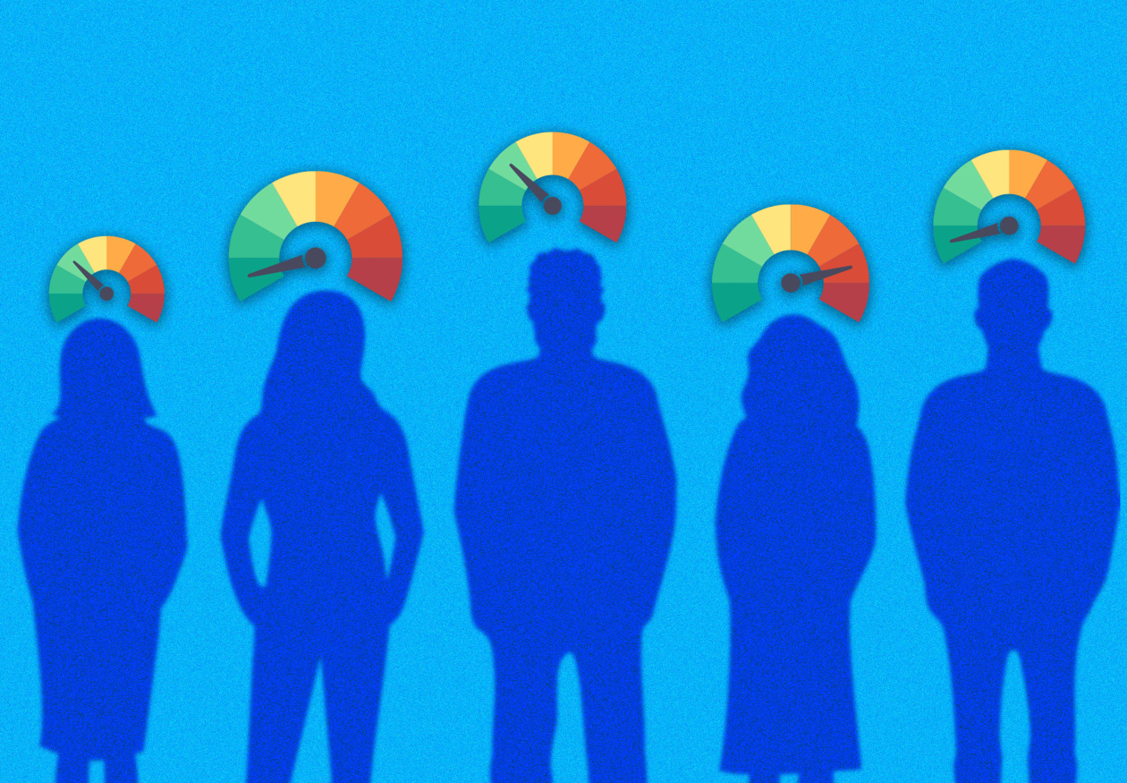 Illustration of five people with gauges on their heads, showing different levels of credit scores.