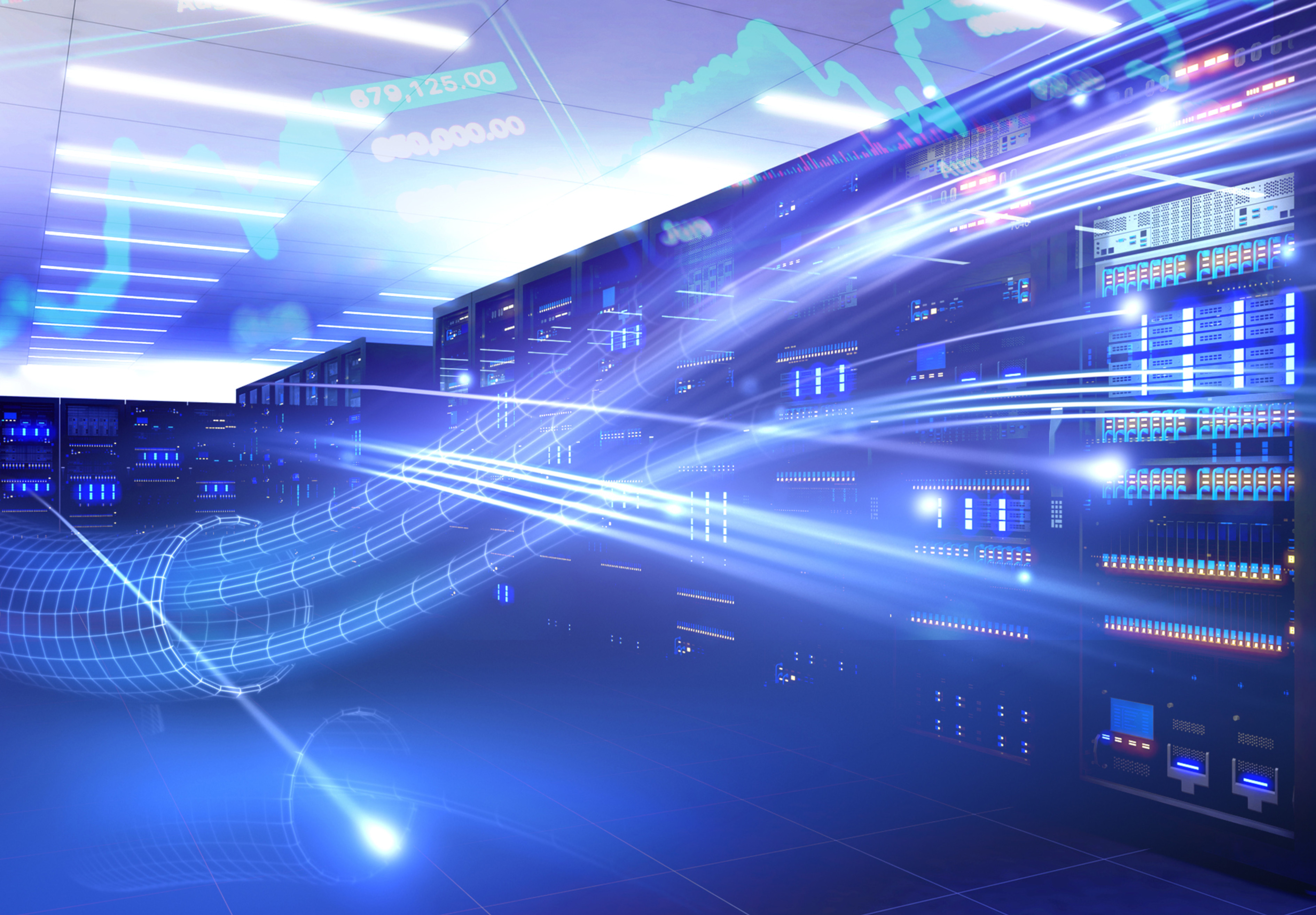 Illustration of data flowing through server racks in a data center.