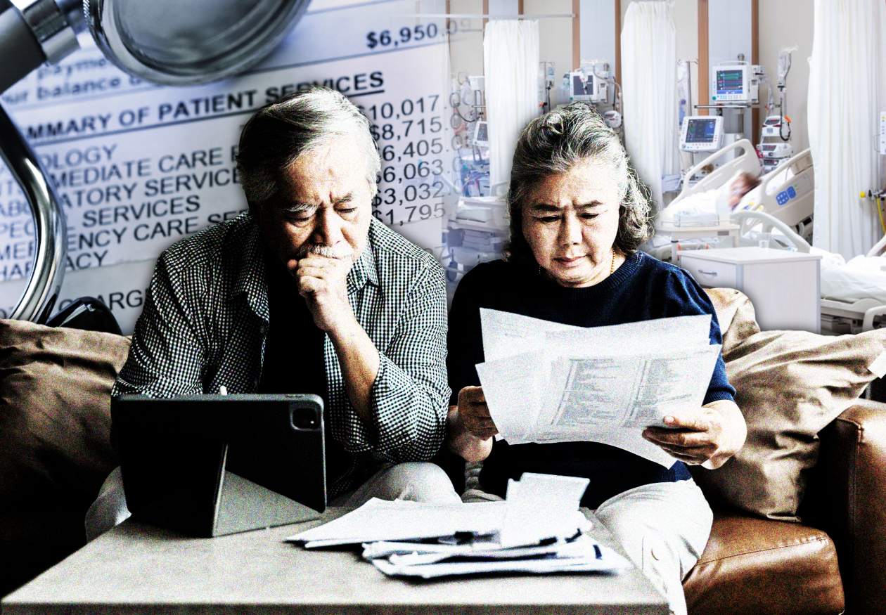 Illustration of a senior couple reviewing medical bills, with a hospital room in the background.