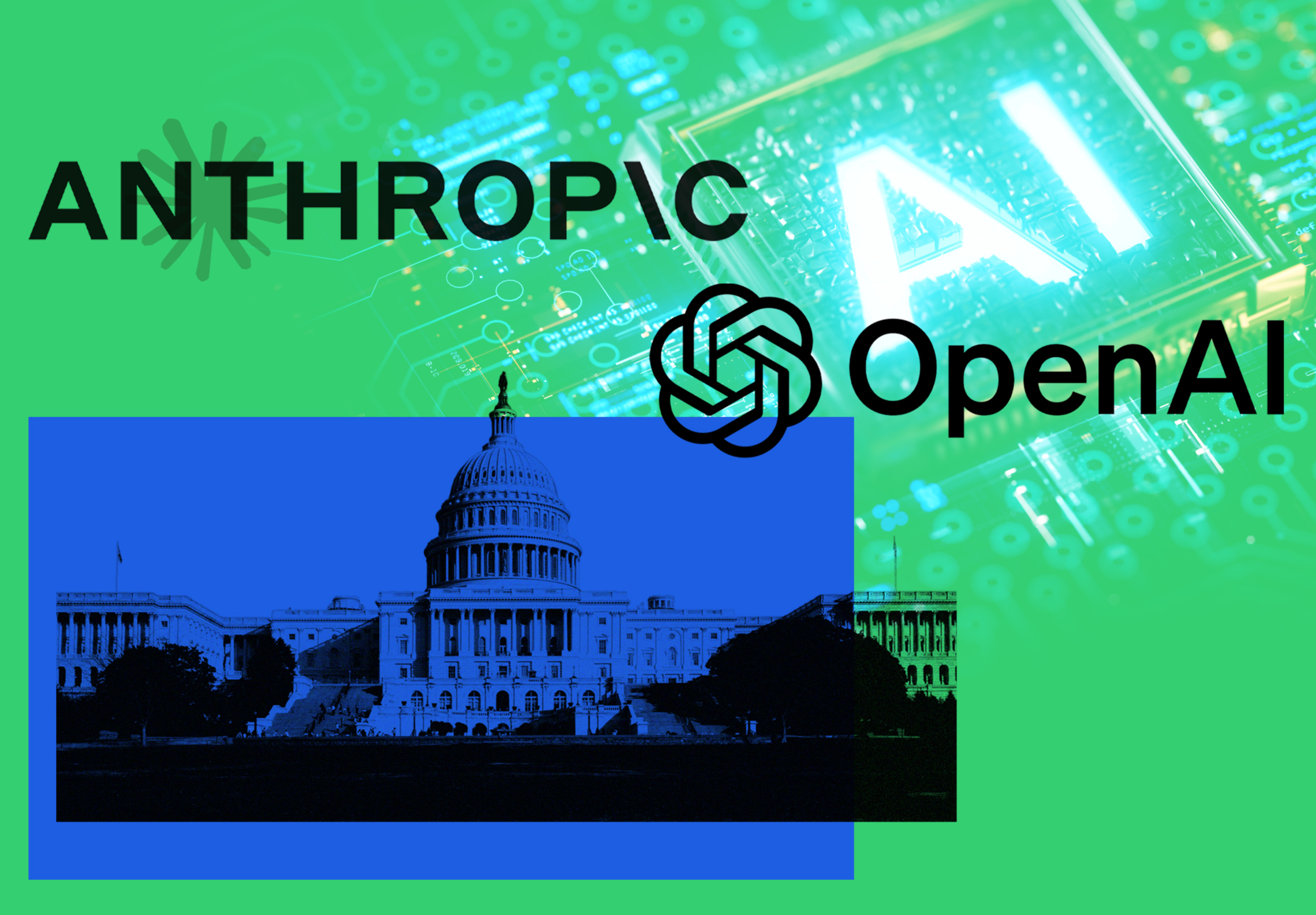 Illustration depicting AI regulation, featuring the US Capitol building, the logos for Anthropic and OpenAI, and the word "AI" on a circuit board.