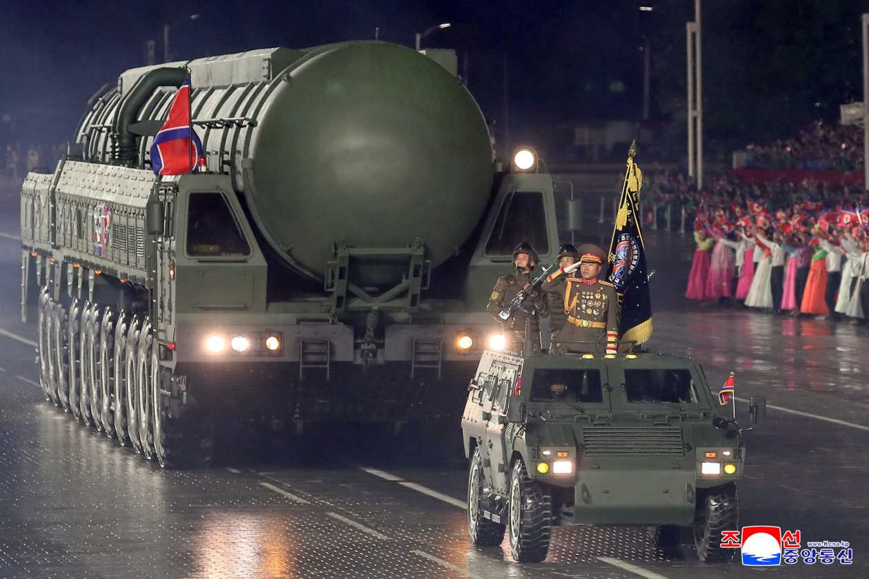 This photo provided by North Korean government shows what it says is a new intercontinental ballistic missile, during a military parade in Pyongyang, North Korea, Friday, Oct. 10, 2025. Independent journalists were not given access to cover the event; the image is distributed by the North Korean government, and the content cannot be independently verified. 