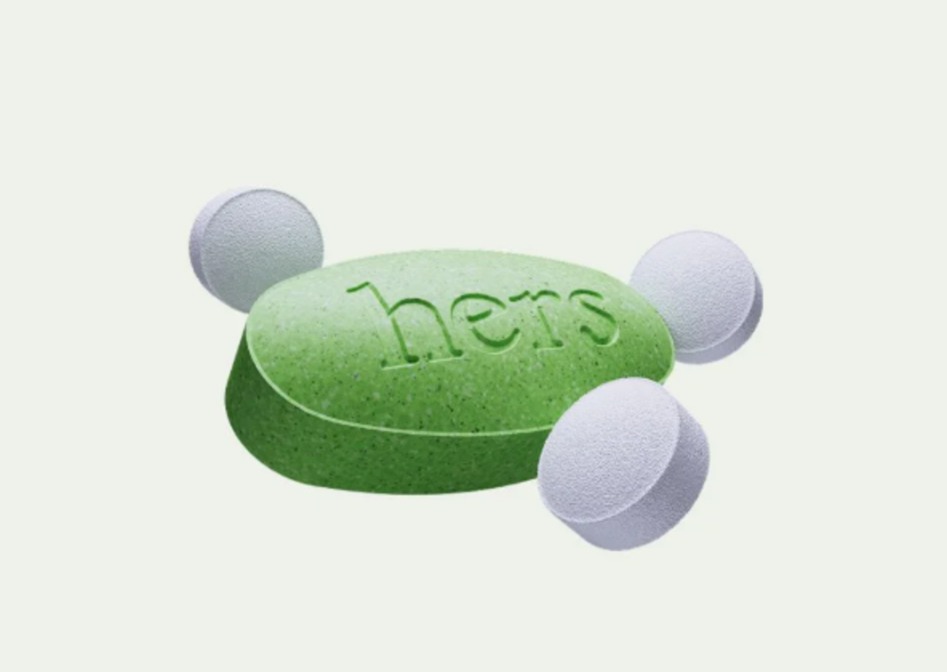 Illustration of a green oval pill with the word "hers" embossed on it, surrounded by three smaller white round pills.