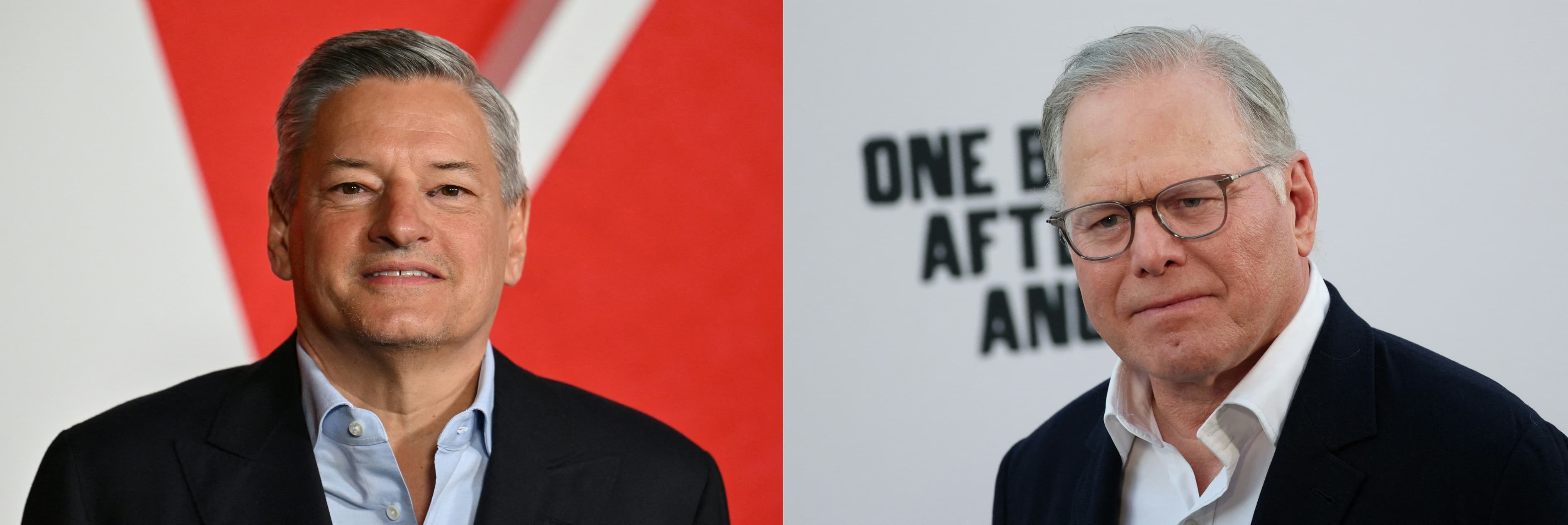 Collage of Netflix CEO Ted Sarandos and Warner Bros. Discovery CEO David Zaslav.