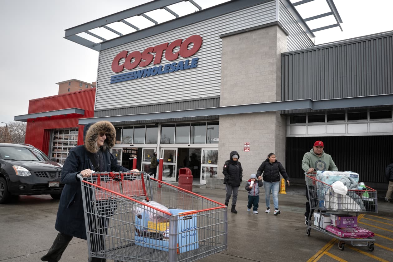 Image 3: Customers with shopping carts in a Costco parking lot.