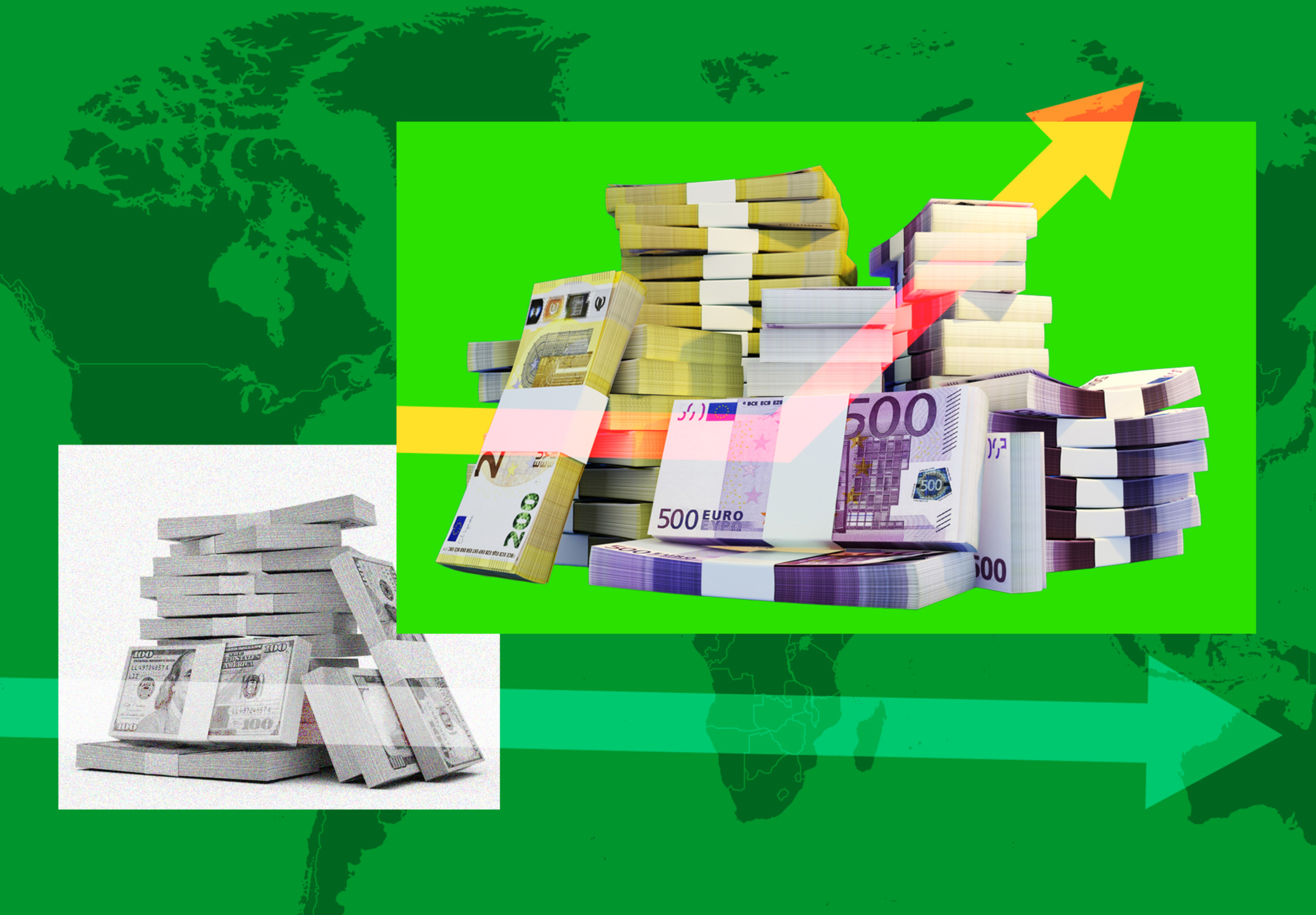 Illustration of stacks of money with an arrow trending up, against a green background with world maps.