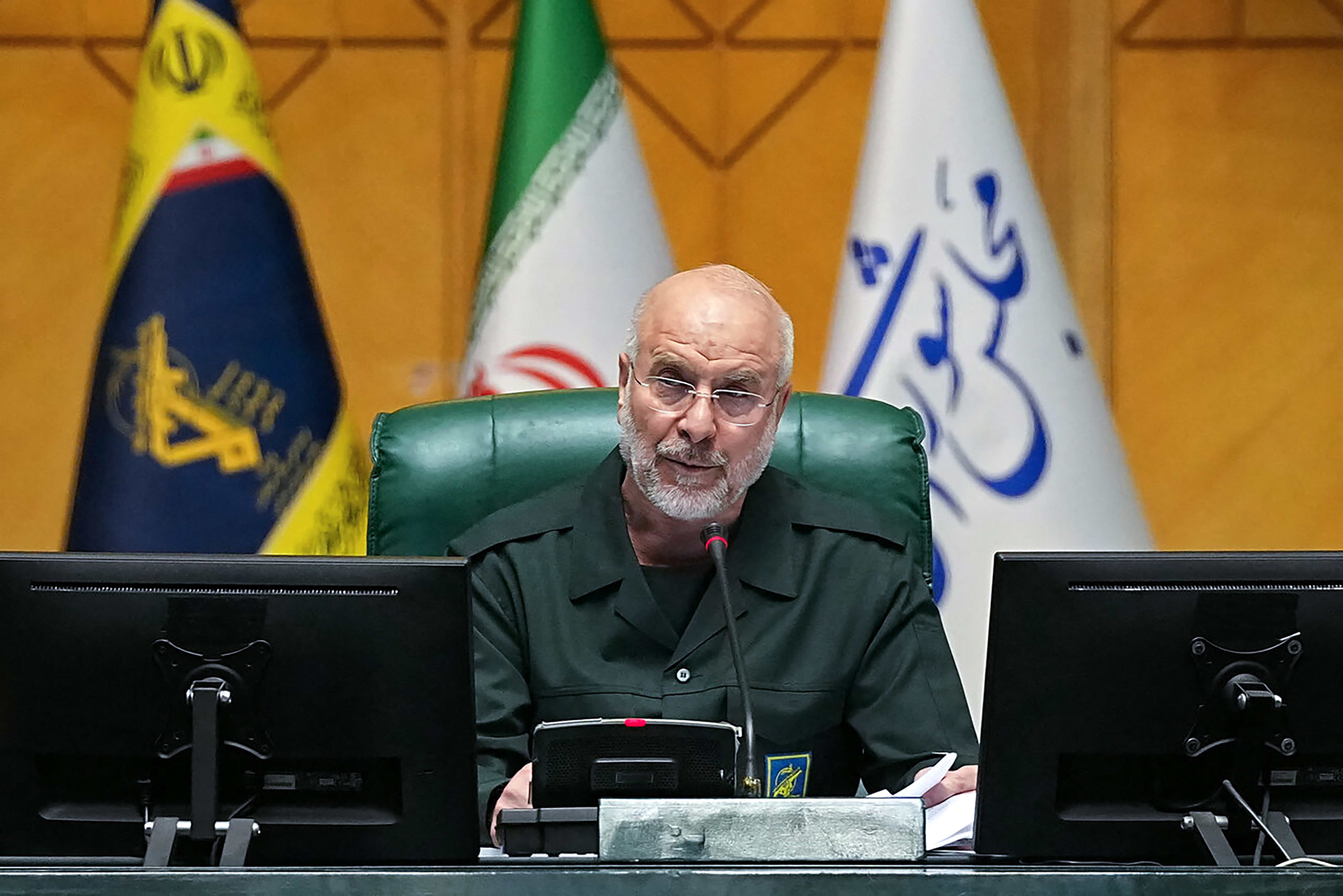 Iranian Parliament Speaker Mohammad Bagher Ghalibaf chairs a session in Tehran while dressed in an IRGC uniform.