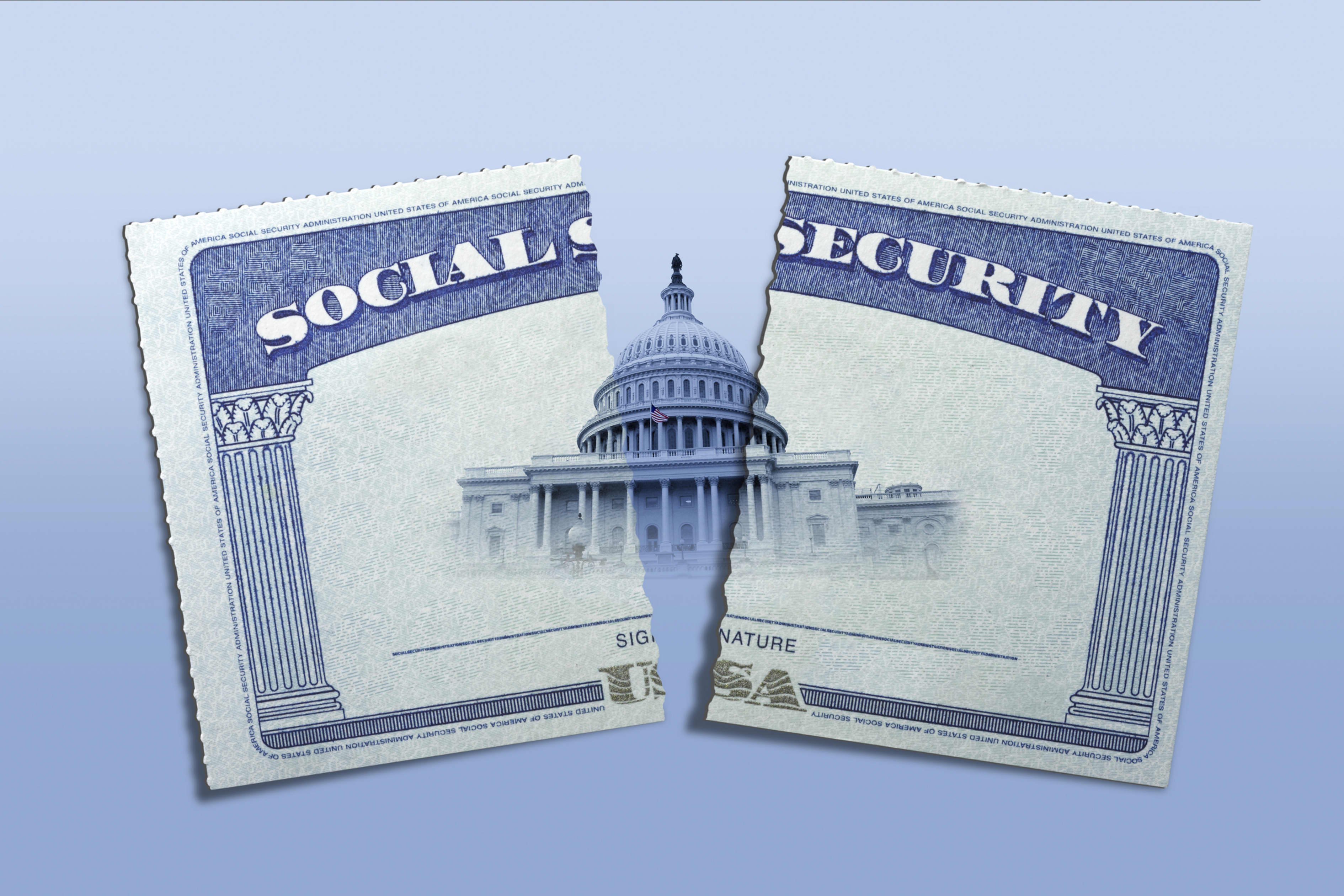 Illustration of a Social Security card torn in half with the U.S. Capitol building in the background.