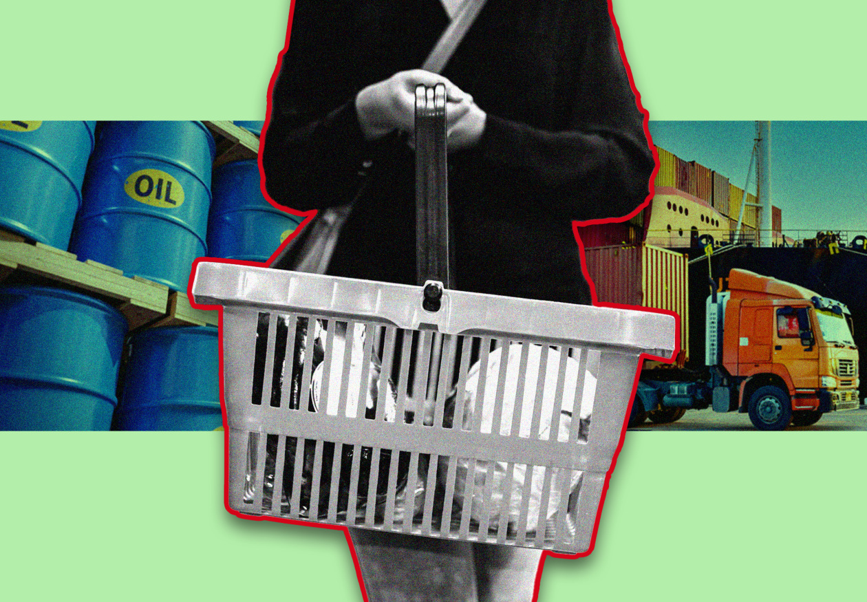 Illustration of a shopping basket held by a person, with blue oil barrels on the left and a shipping truck and vessel on the right, all on a light green background.