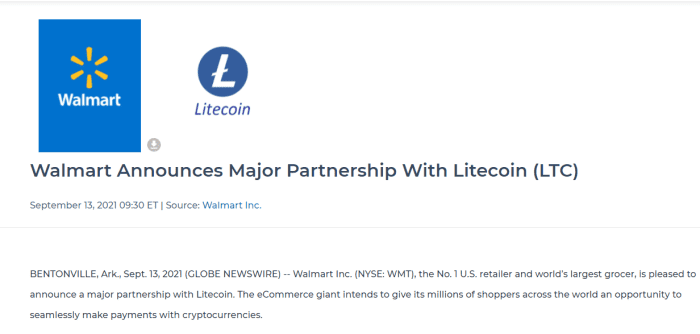 Litecoin spikes 20% after hoax reports that Walmart would accept the cryptocurrency - MarketWatch