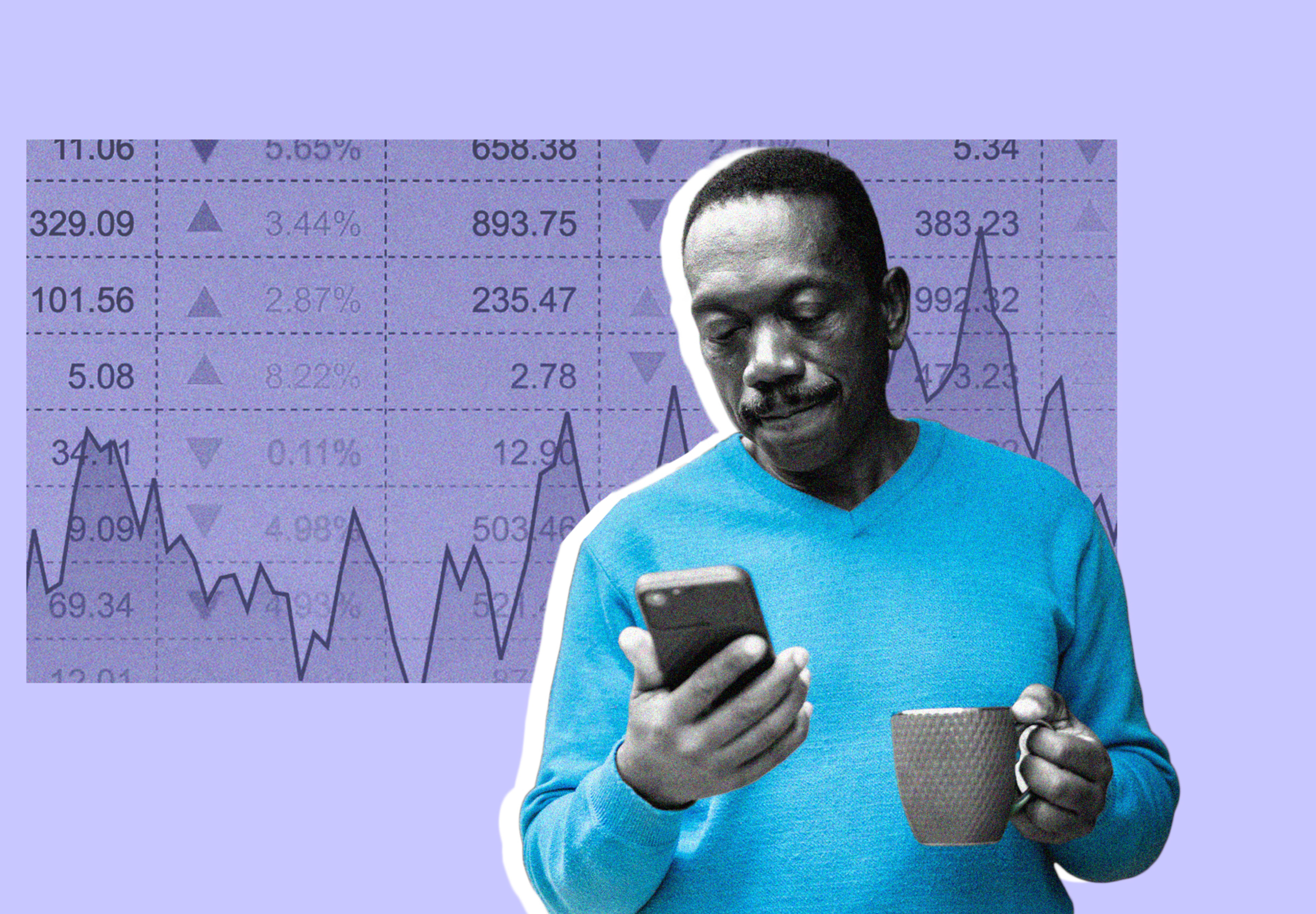 Collage of a man looking at his phone with a coffee cup, superimposed on a background of stock market data and a line graph.