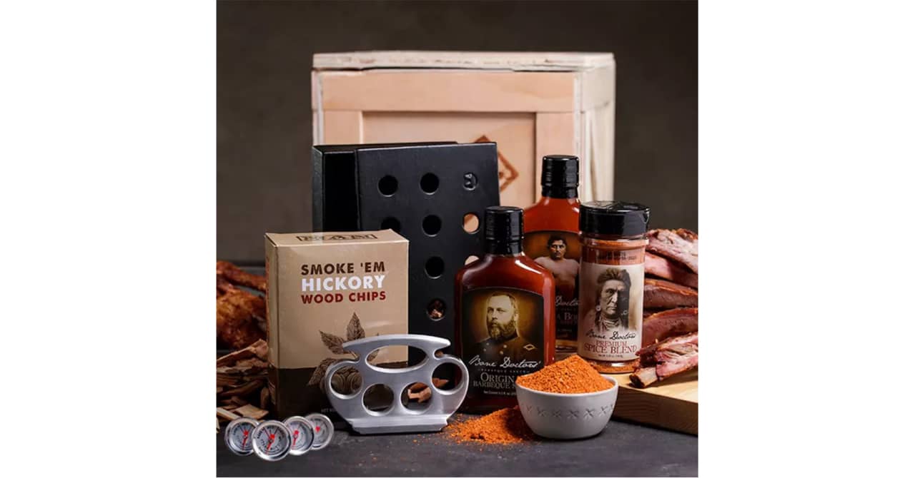 man crates grill master crate with wood chips, smoker box, sauce and  tenderizer - great gifts for men