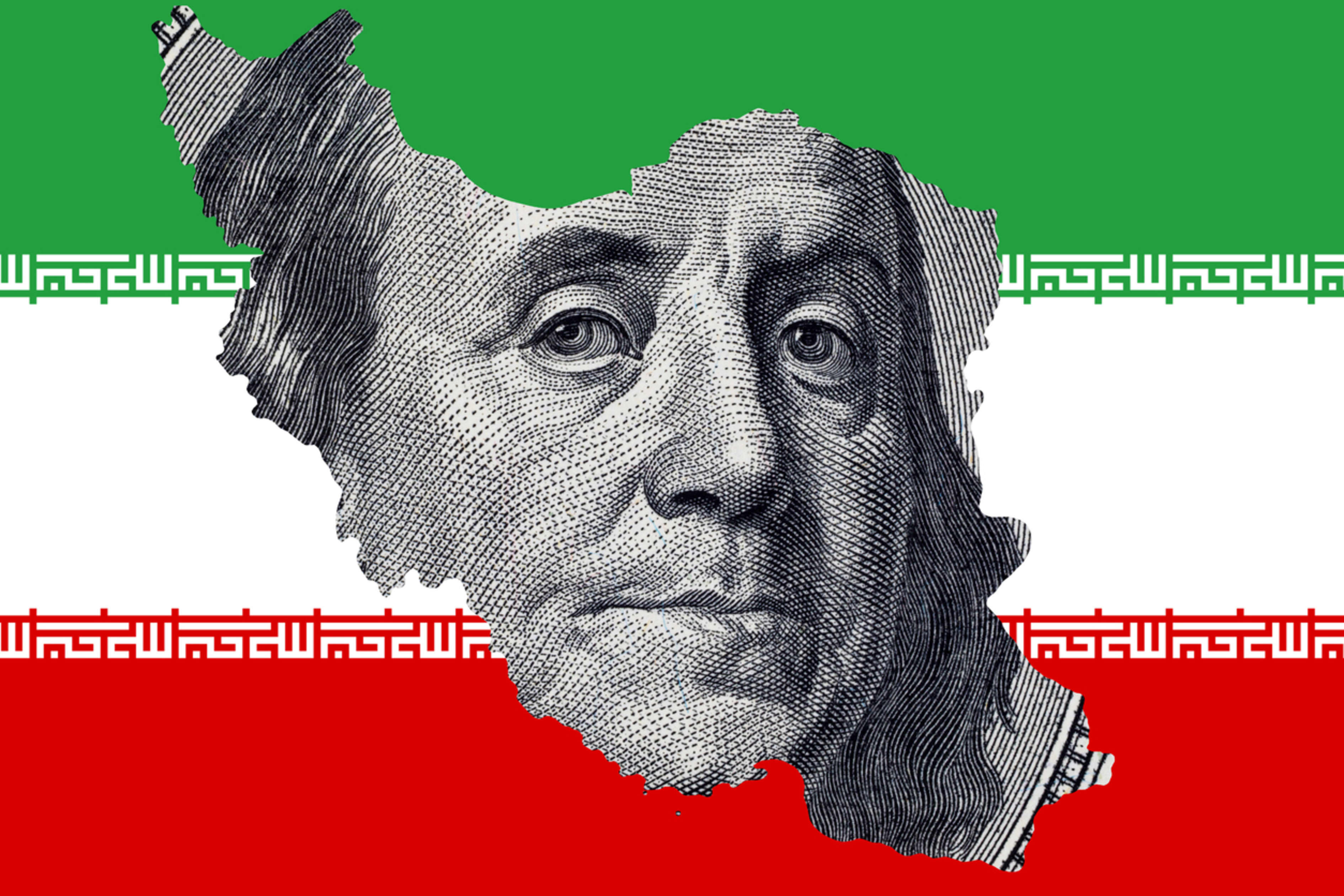 Illustration of Benjamin Franklin's face on a map of Iran over the Iranian flag.