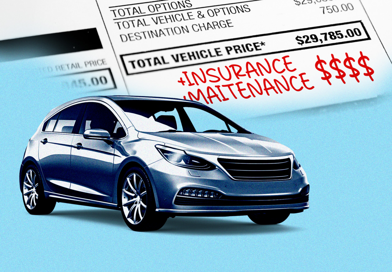 Illustration of a car with a bill showing added costs for insurance and maintenance.