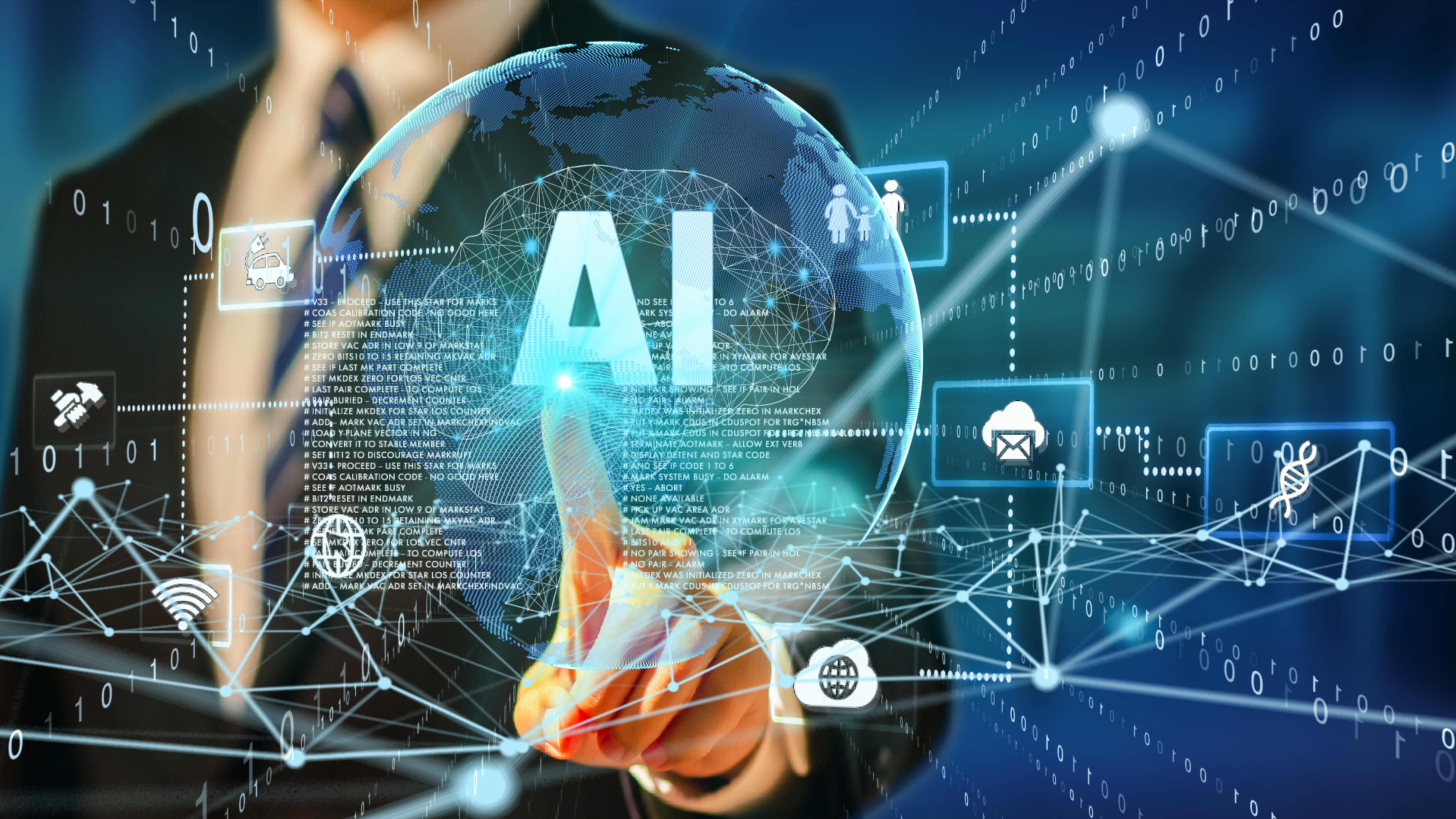 Illustration of a businessperson interacting with a global communication network enabled by 5G and AI technology.