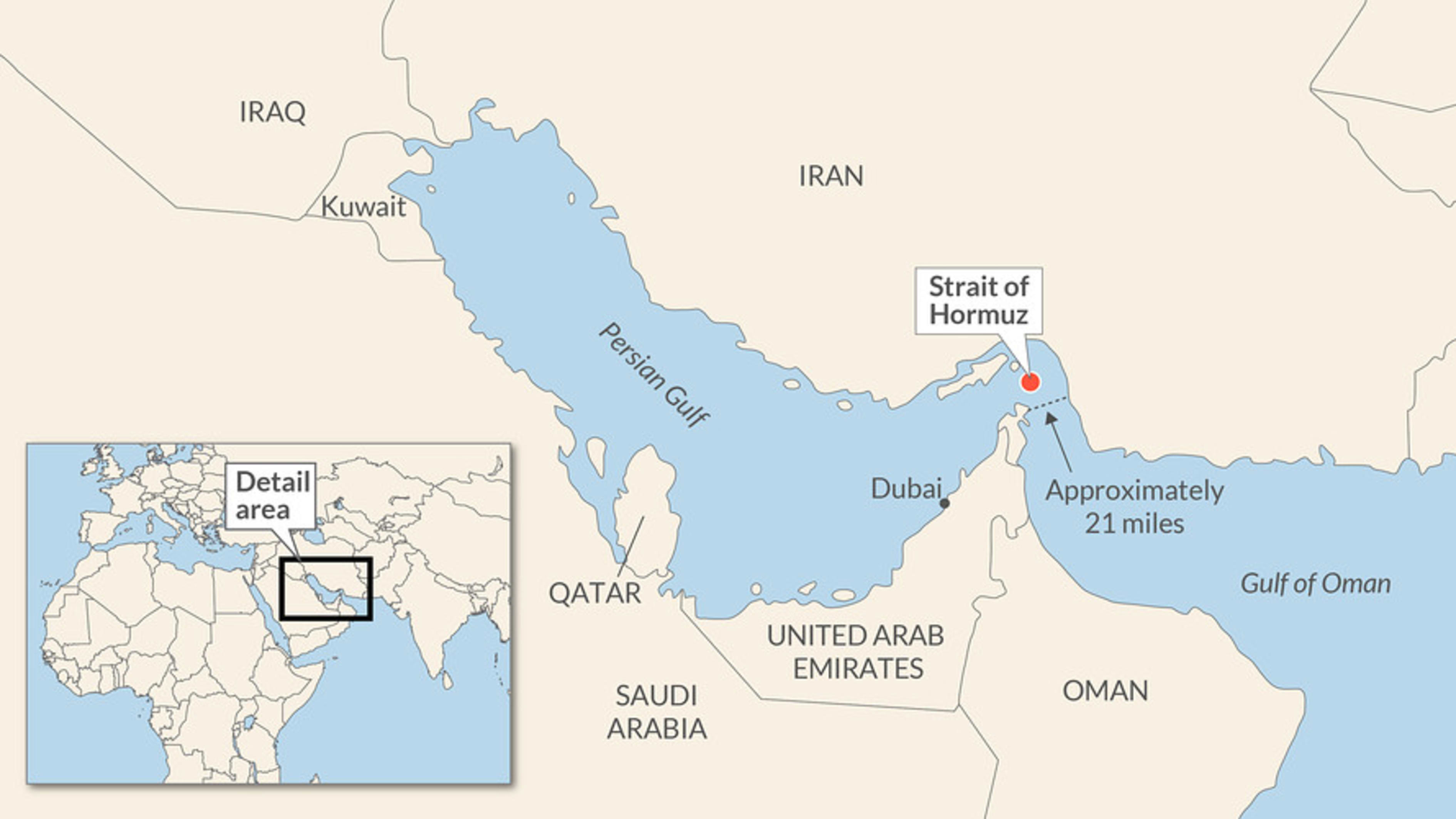 Illustration of a map showing the Strait of Hormuz and surrounding countries.