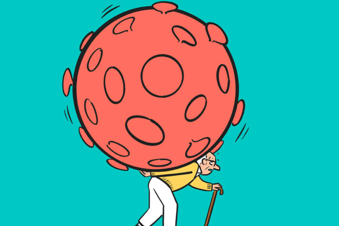 A cartoon of an elderly person with a cane, carrying an enormous red viral particle on their back.
