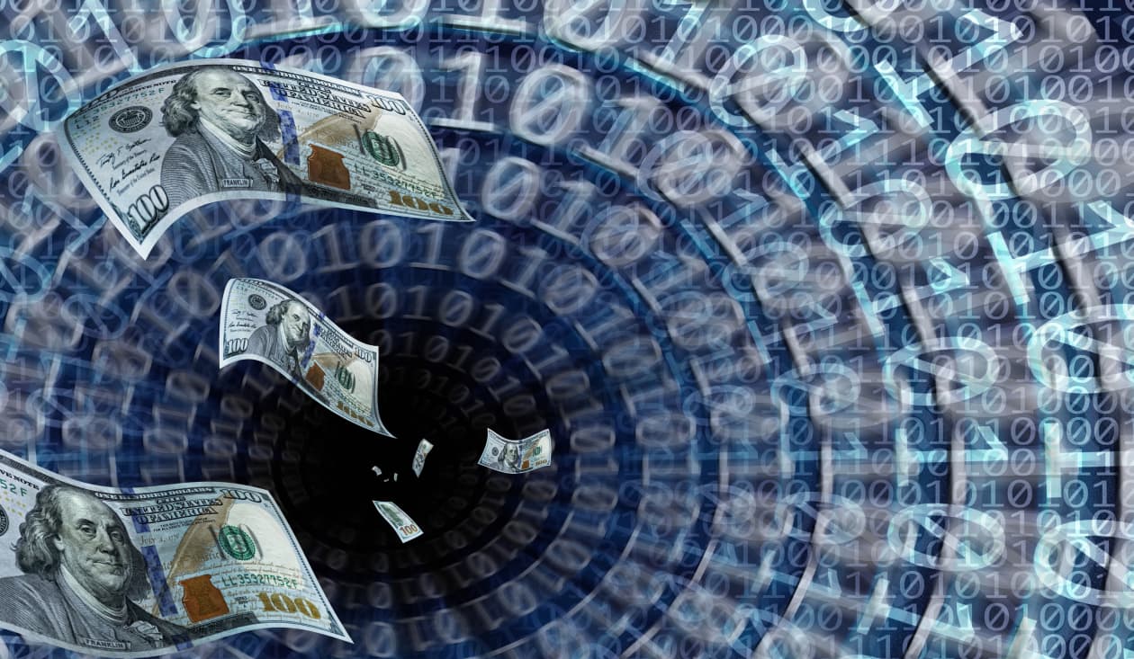 Illustration of large group of $100 bills flying into a binary coded tunnel.