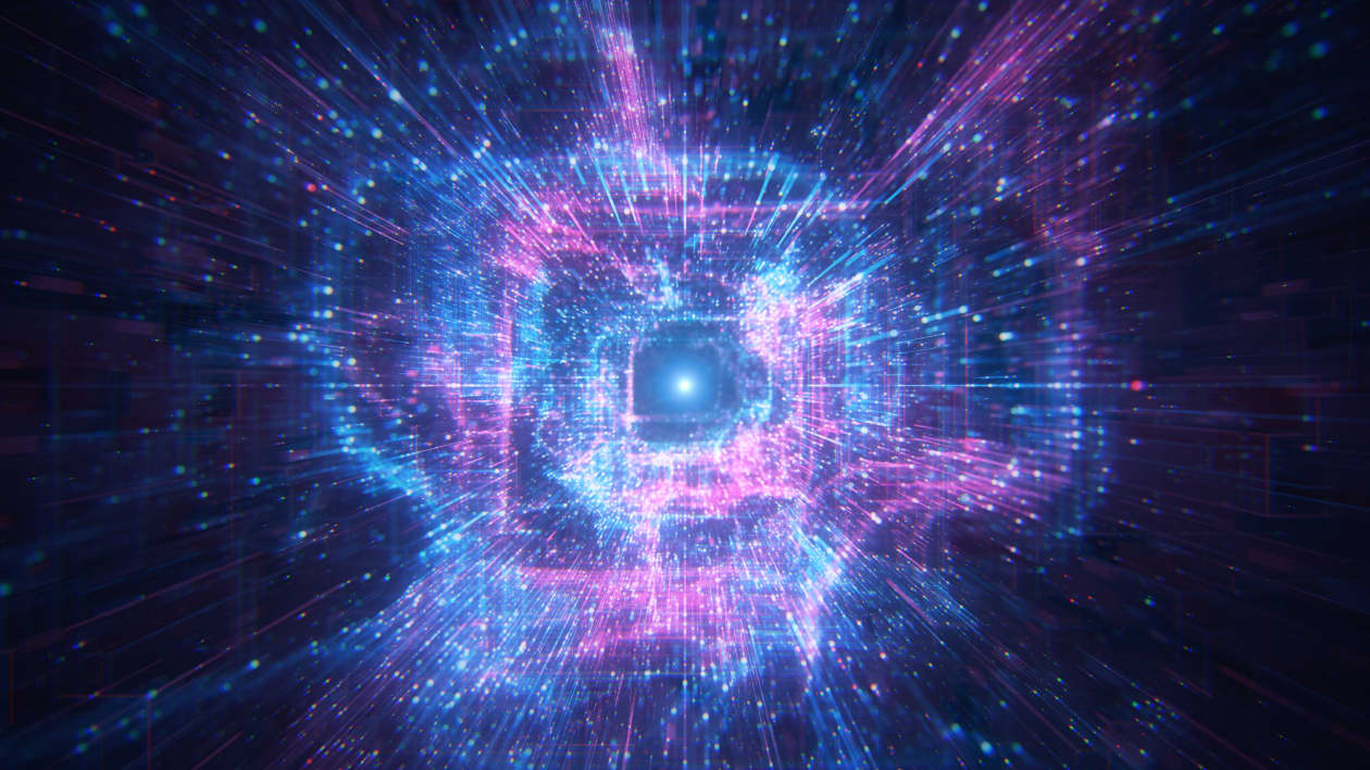 Illustrazione di un tunnel digitale blu e viola con una luce intensa alla fine.