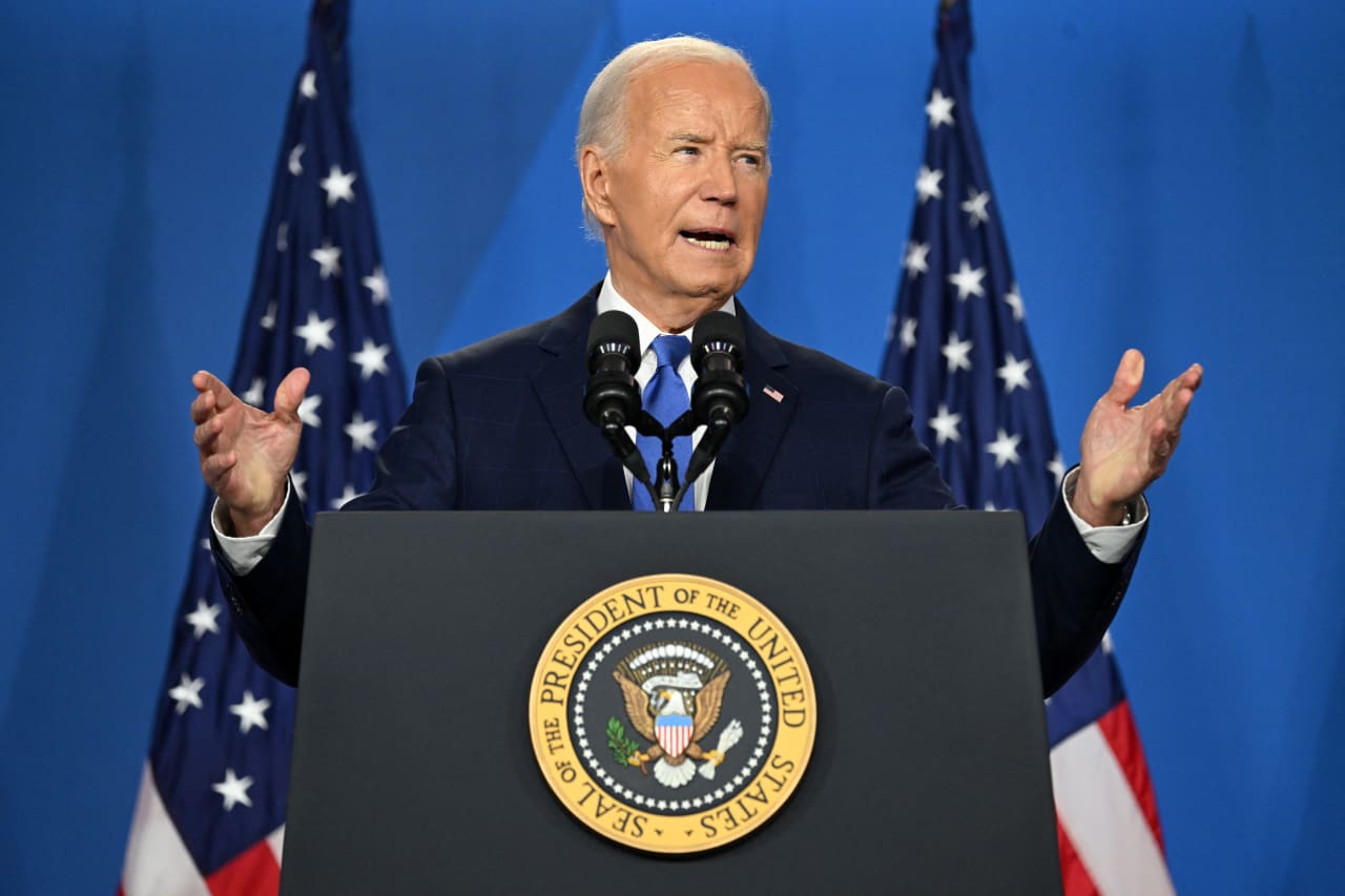 Biden praises U.S. economy’s strength as he insists he’s staying in race. He also referred to Kamala Harris as ‘Vice President Trump.’