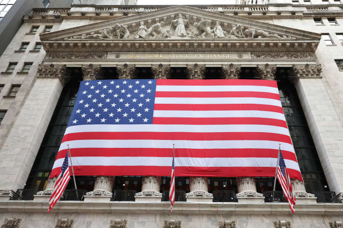 The New York Stock Exchange is seen during morning trading on 7 November in New York City.