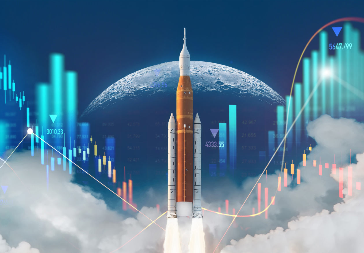 Illustration of a rocket launching past the moon with superimposed stock market graphs.