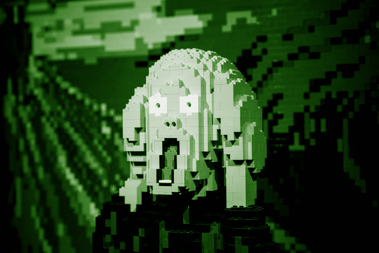 Lego sculpture of "The Scream" artwork.