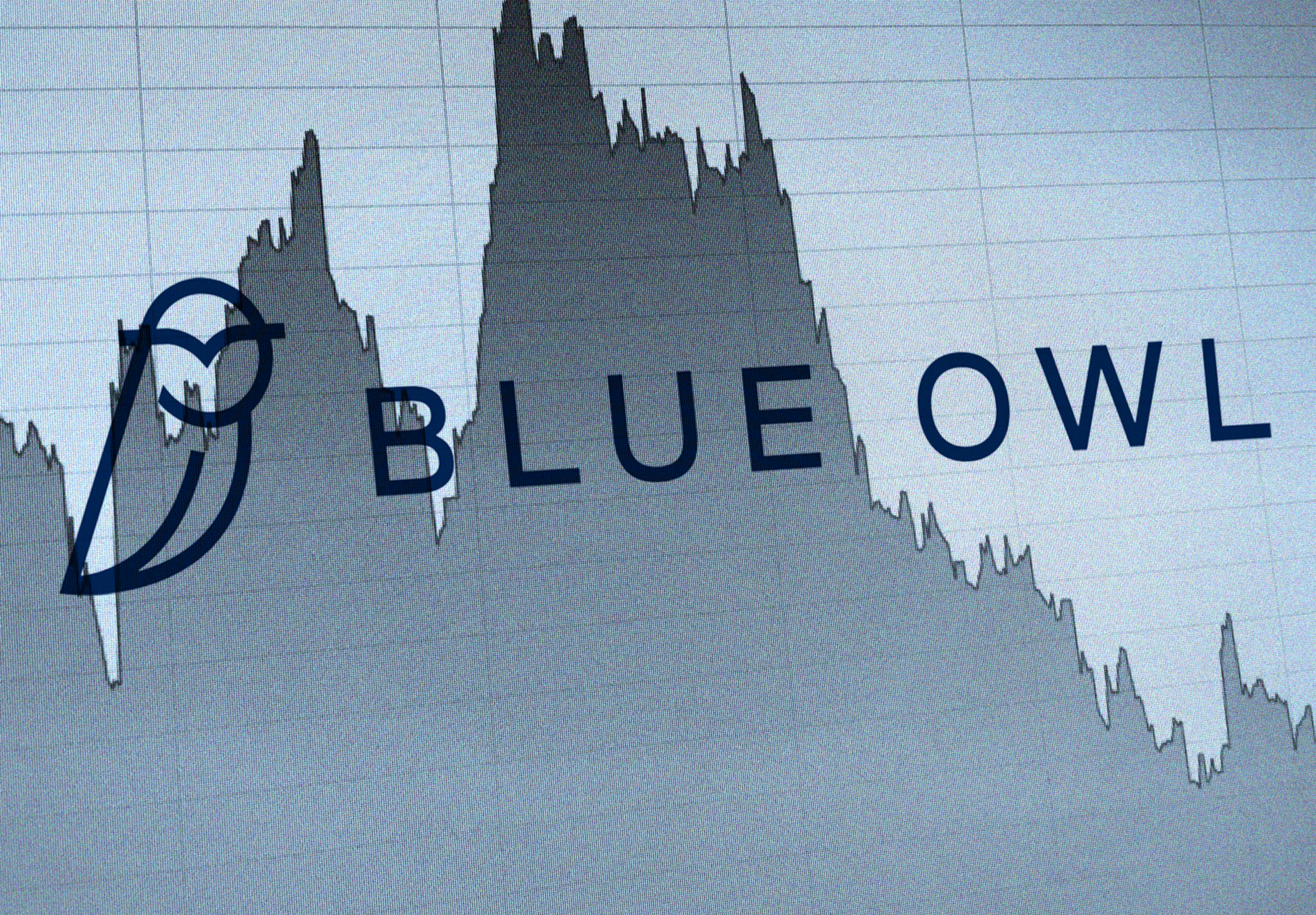 The Blue Owl logo and name overlaying a stock market chart showing a downward trend.