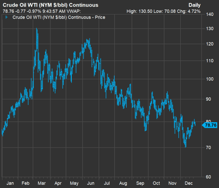 crude oil price and 20 energy stocks for 2023. S&P 500.