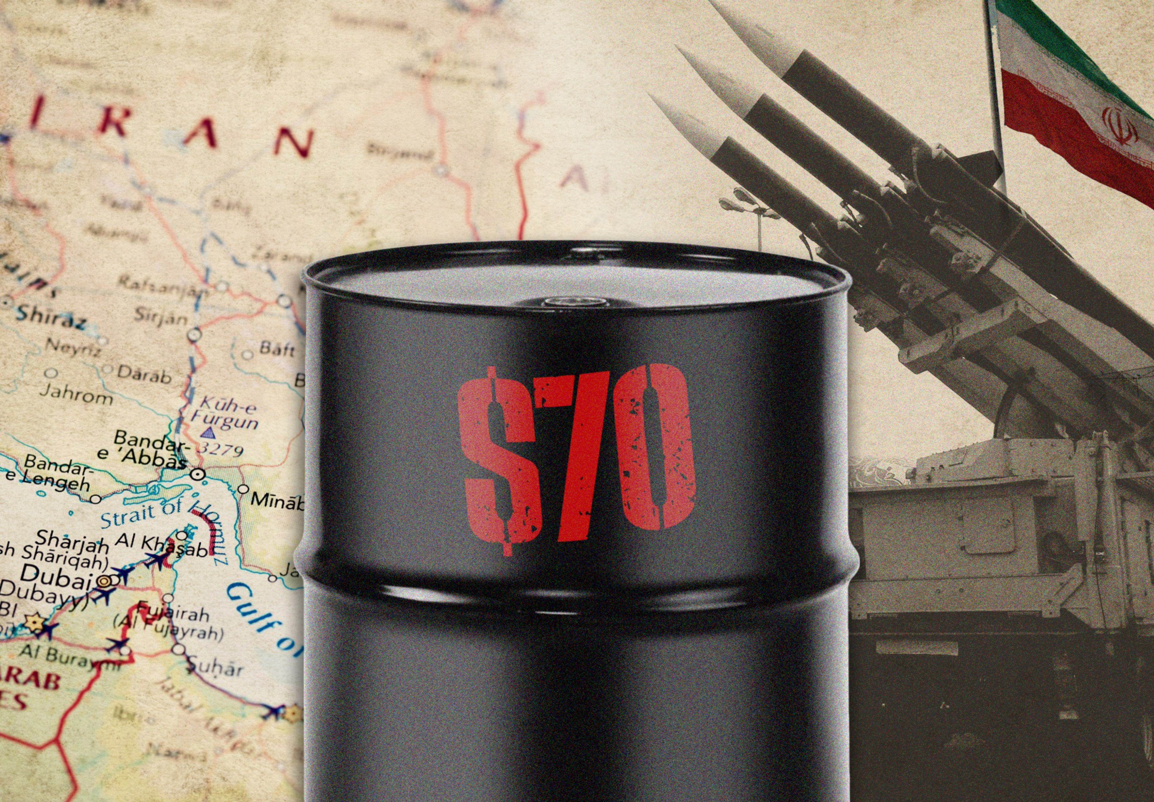 Illustration of a barrel of oil with "$70" printed on it, overlaid on a map of Iran and an image of missiles with the Iranian flag.