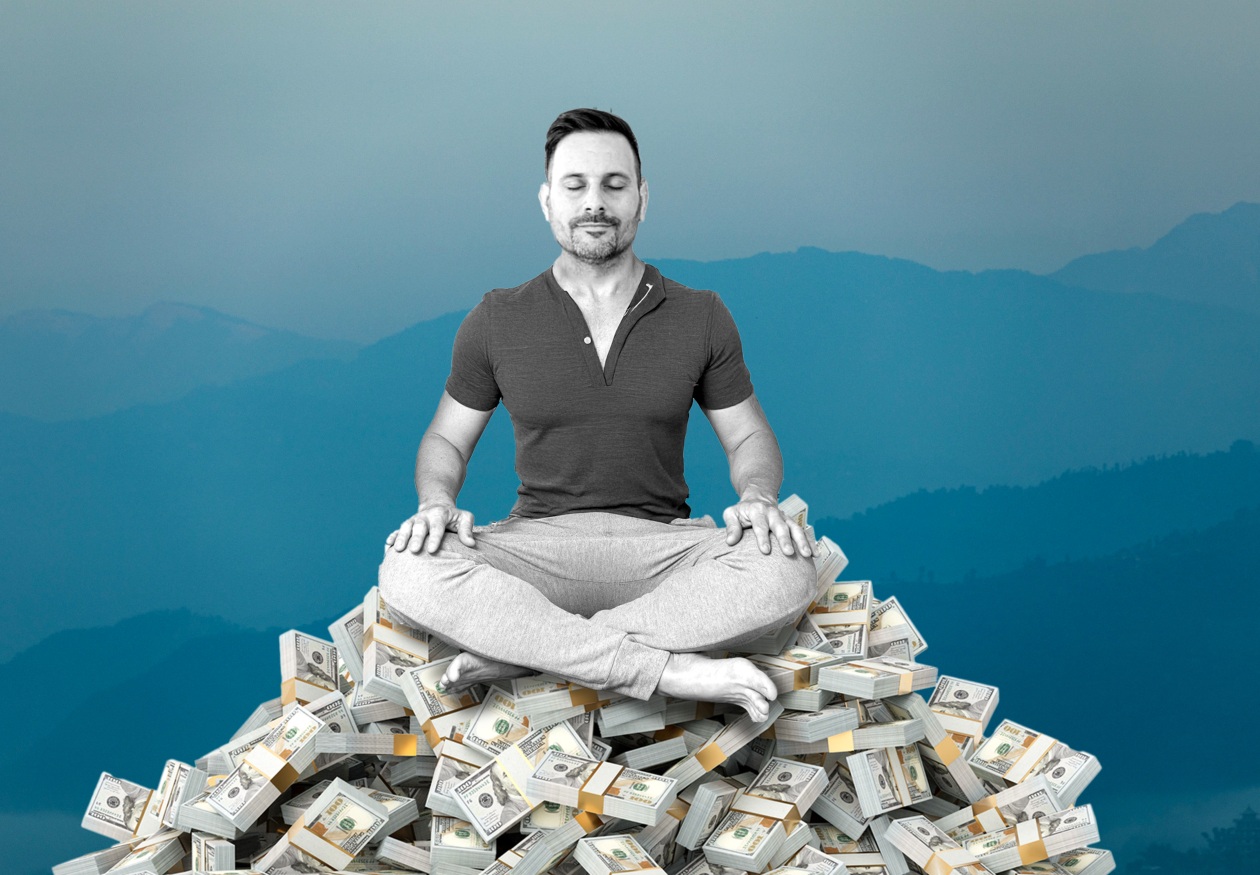 Illustration of a man meditating on a pile of money.