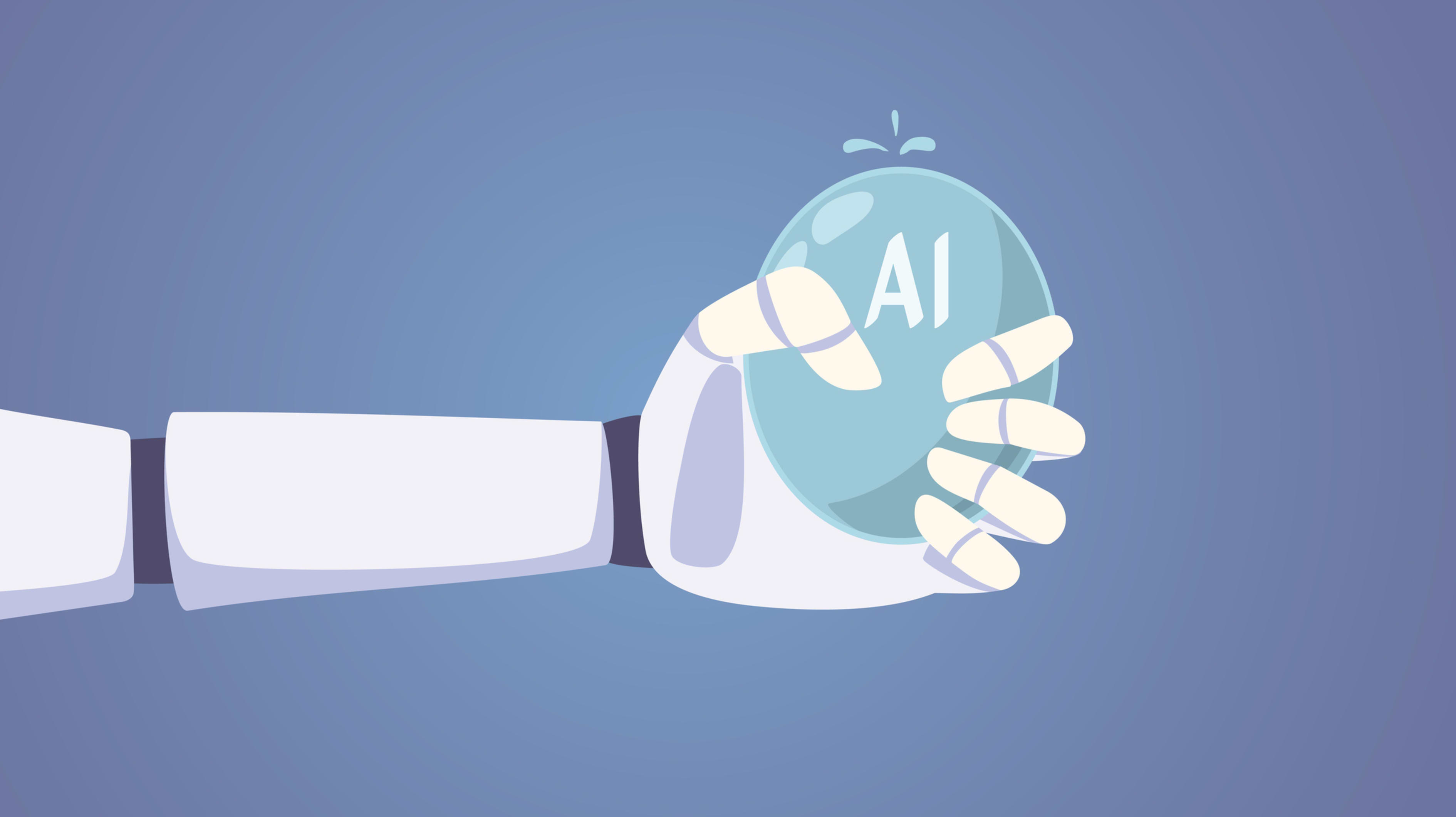 Illustration of a robot arm holding an AI bubble that is about to burst.
