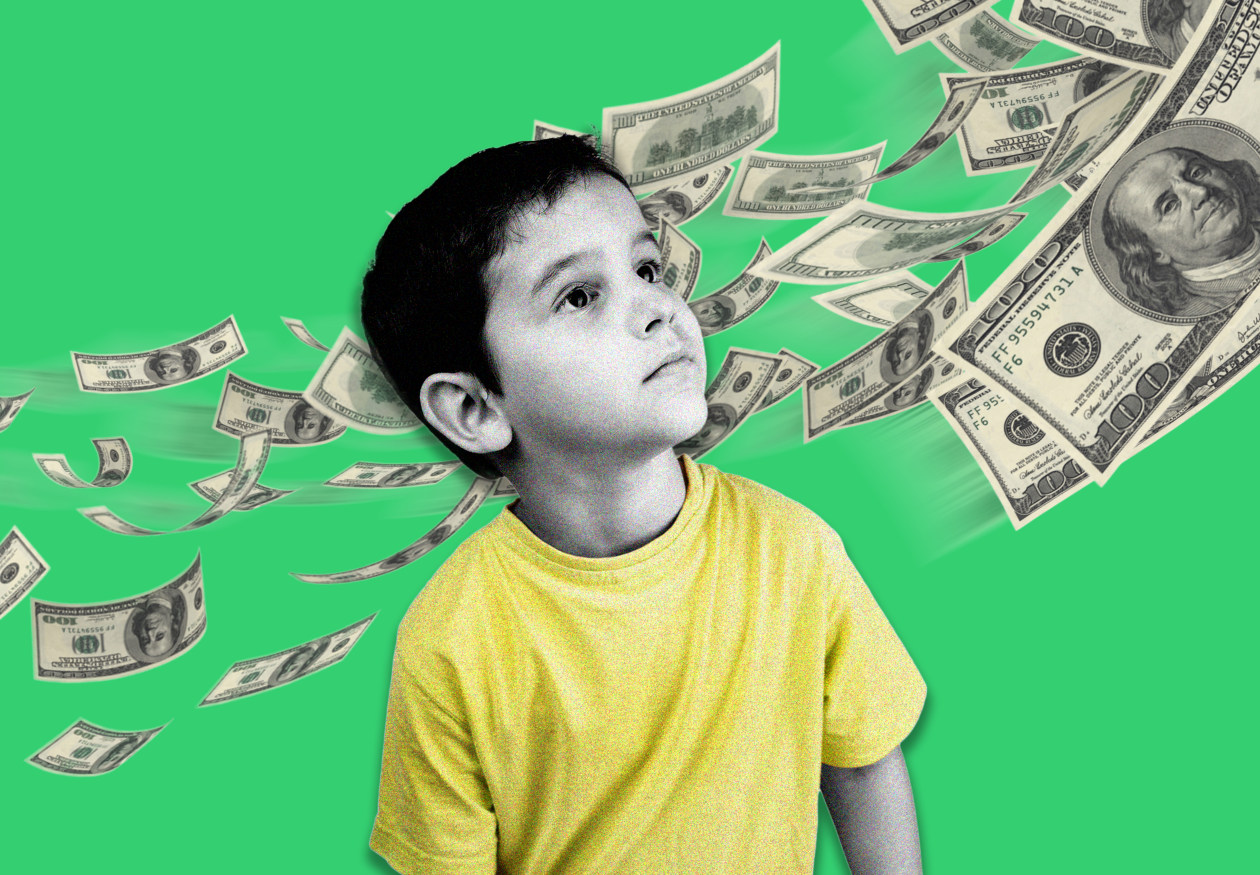 Illustration of a young child looking up at money flying against a green background.