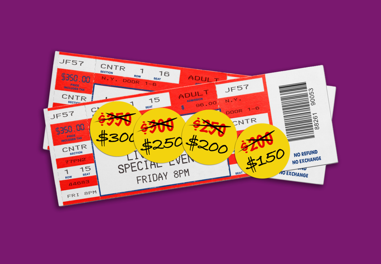 Illustration of two event tickets with yellow stickers showing price reductions.