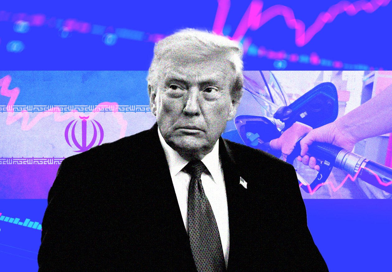 Collage of Donald Trump, the Iranian flag, and a hand pumping gas.