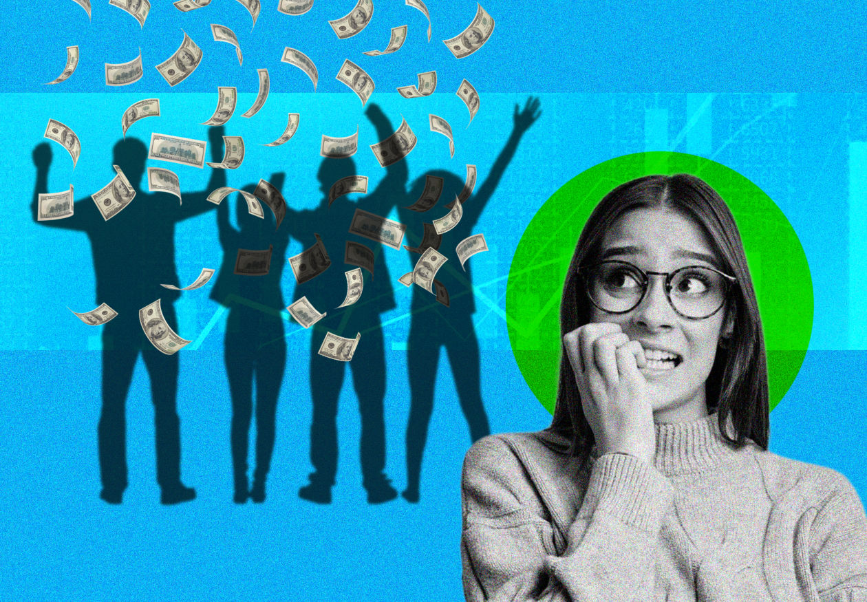 Illustration of a worried woman looking at money falling on happy silhouettes.