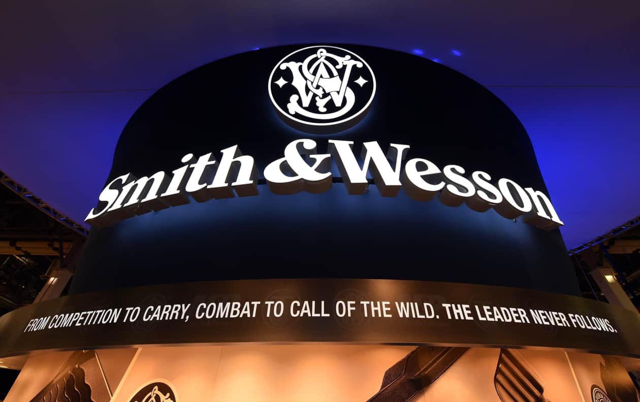 Smith & Wesson booth sign at a trade show.