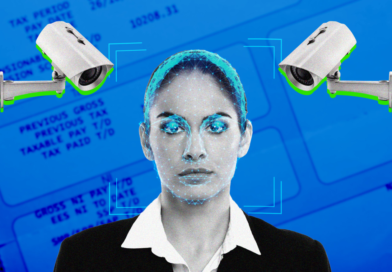 Illustration of a woman with a facial-recognition grid over her face, with two surveillance cameras and a pay stub in the background.