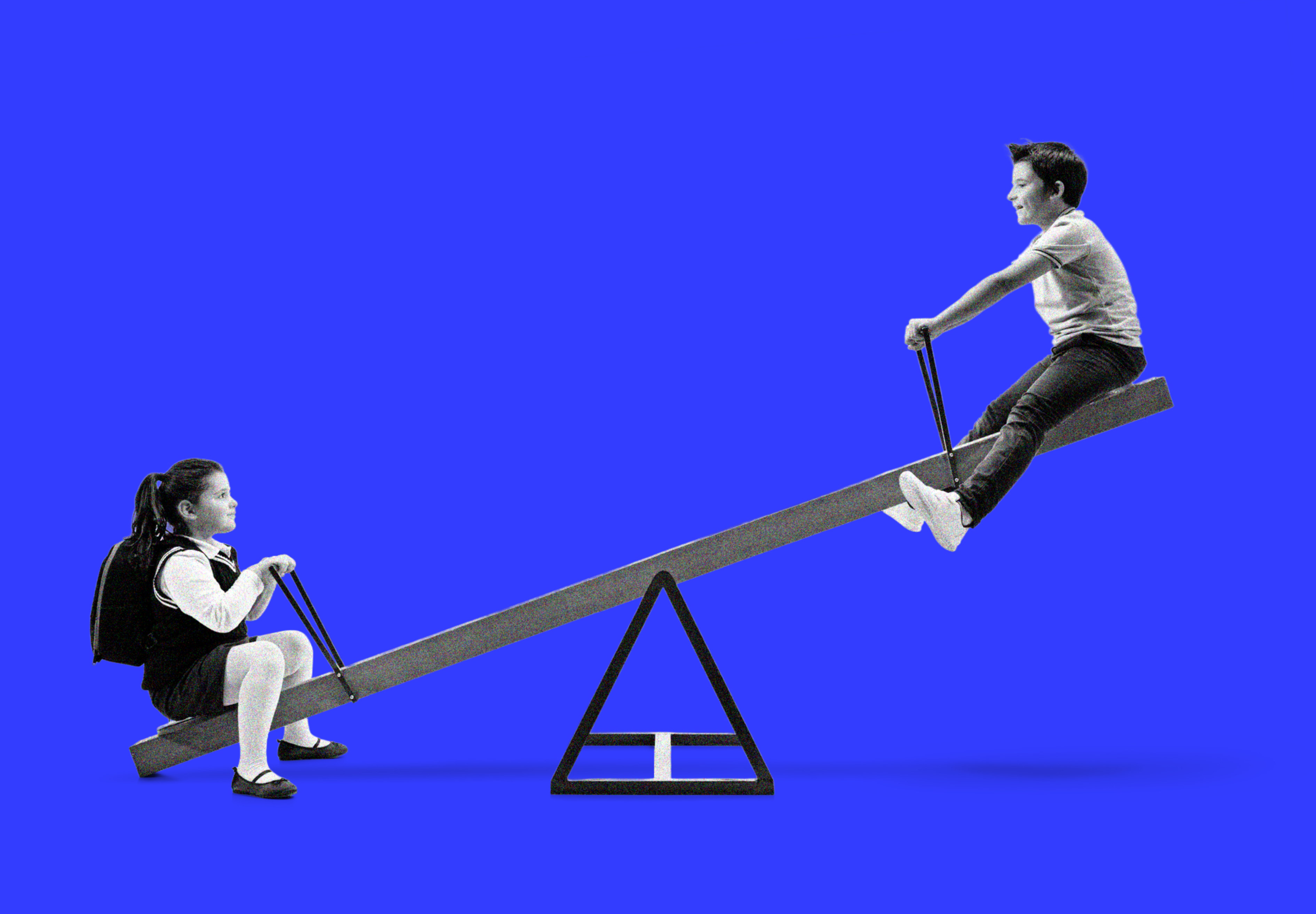 Collage of a boy and a girl on a seesaw against a blue background.