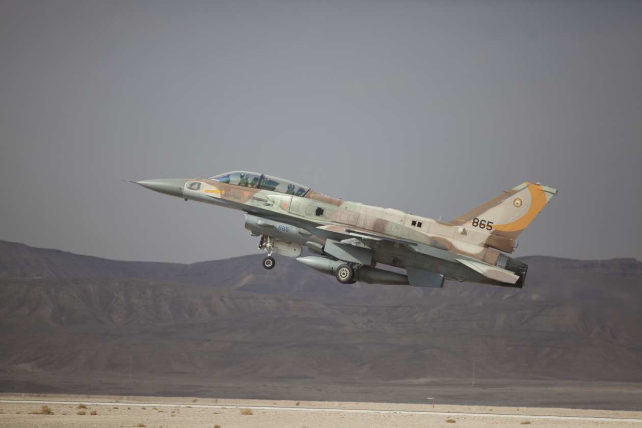 Israeli F-16 jet taking off.