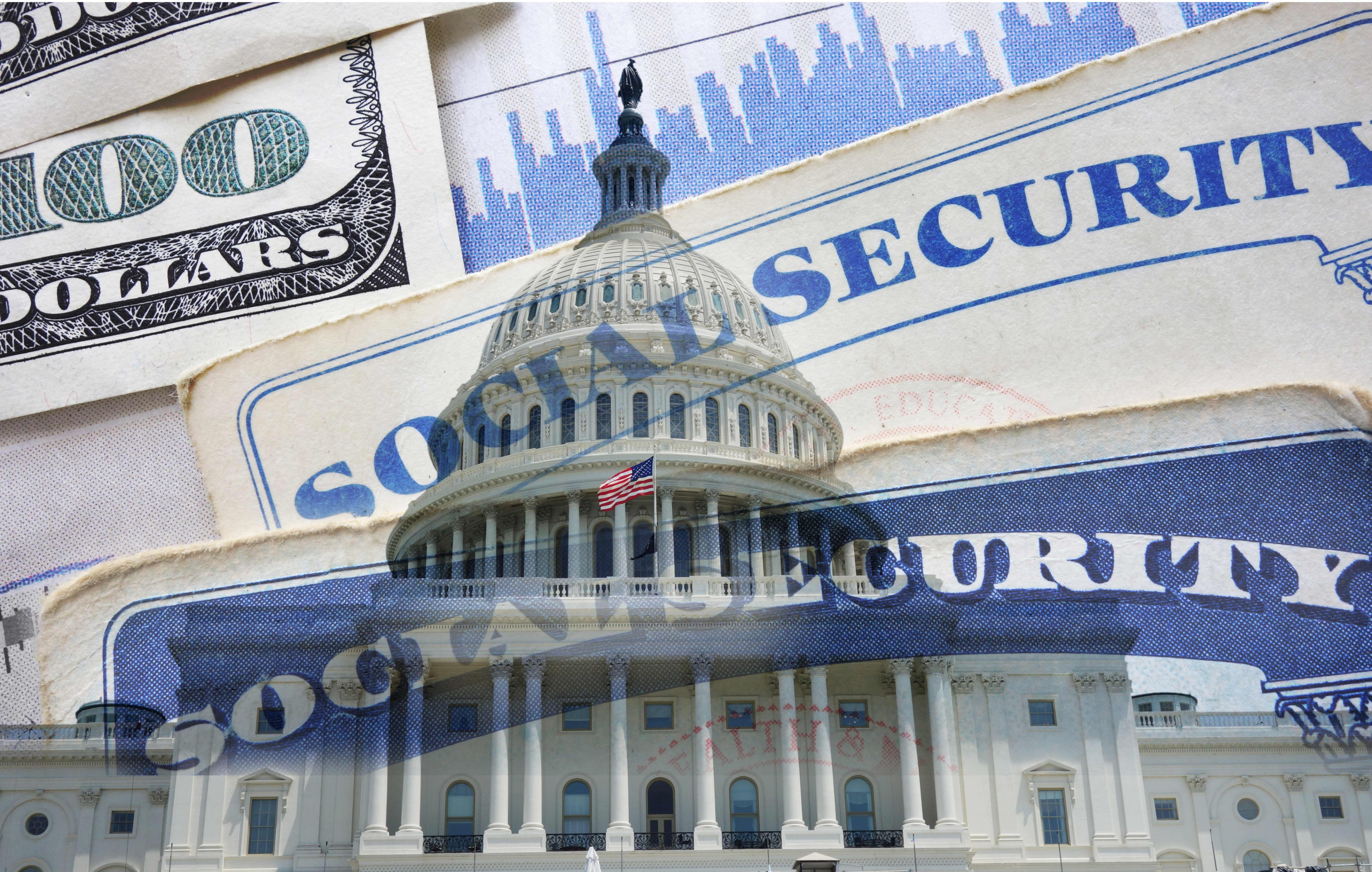 Collage of the United States Capitol building with Social Security cards and money.
