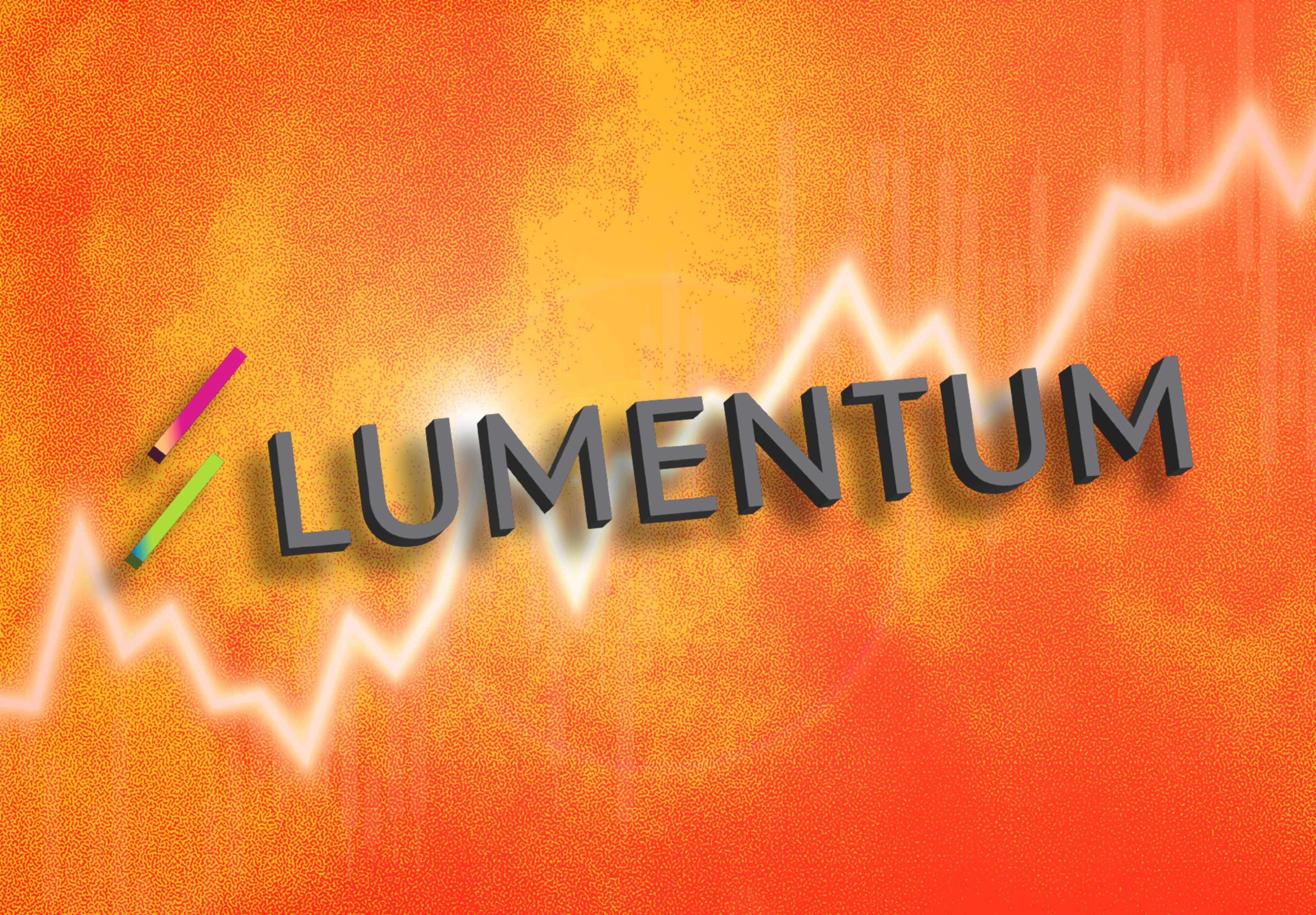 Illustration of the word "LUMENTUM" in bold, dark, three-dimensional letters against an orange background with a glowing white upward-trending line.