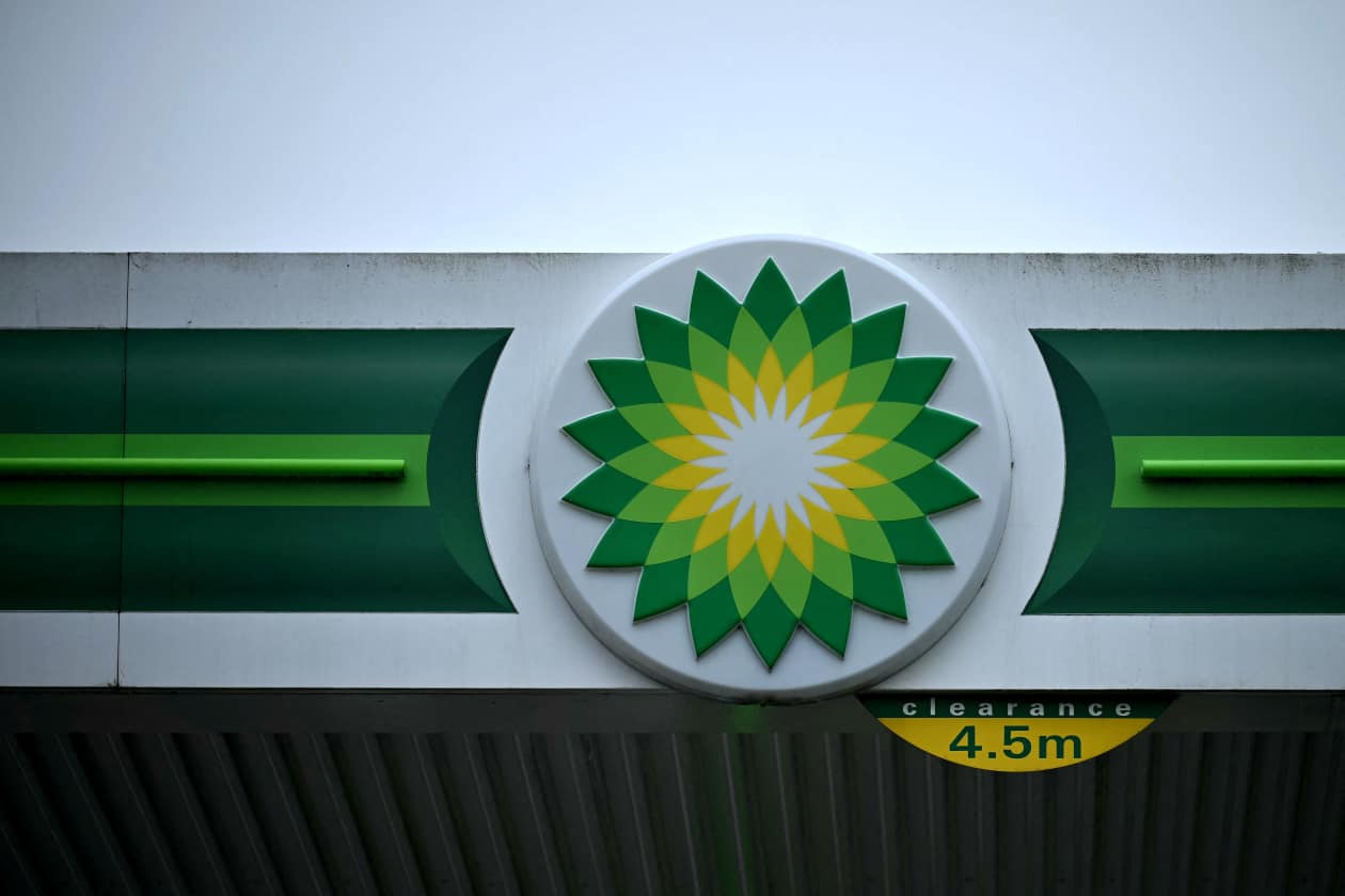 BP logo on a gas station canopy.