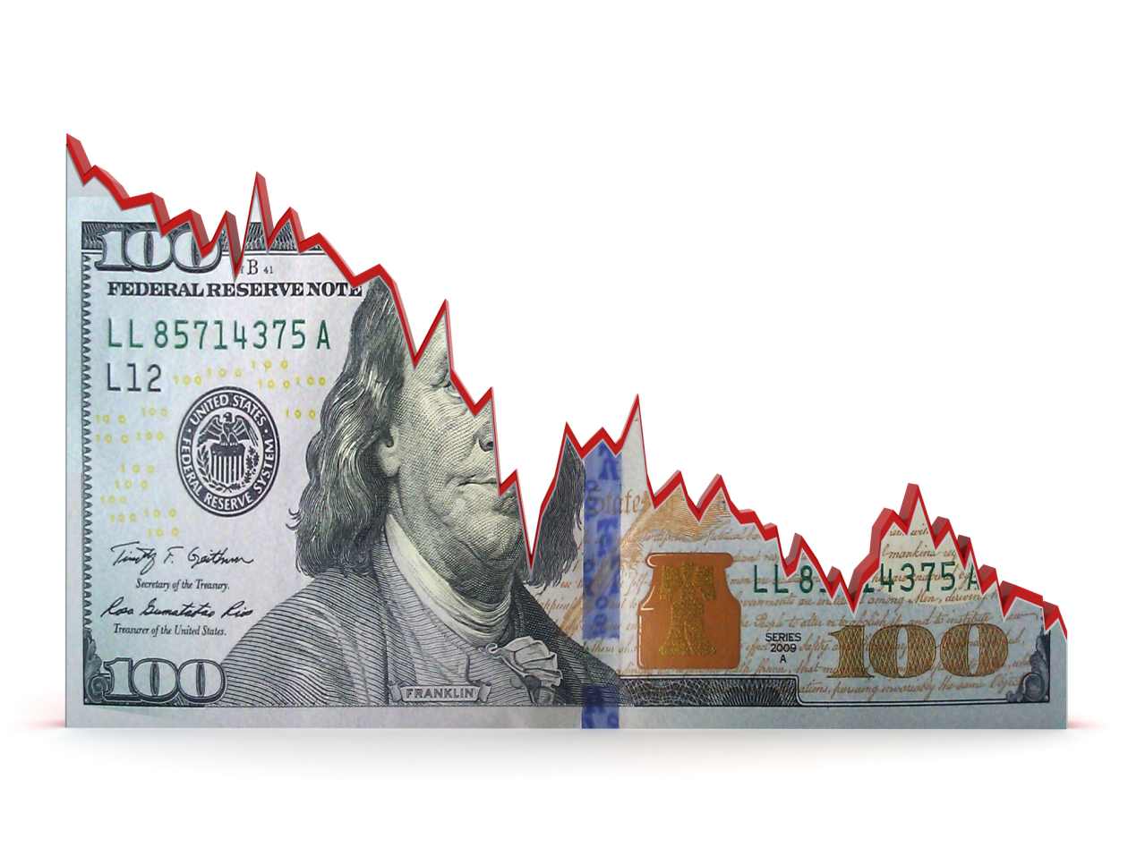 Illustration of a downward trending graph on a $100 bill.