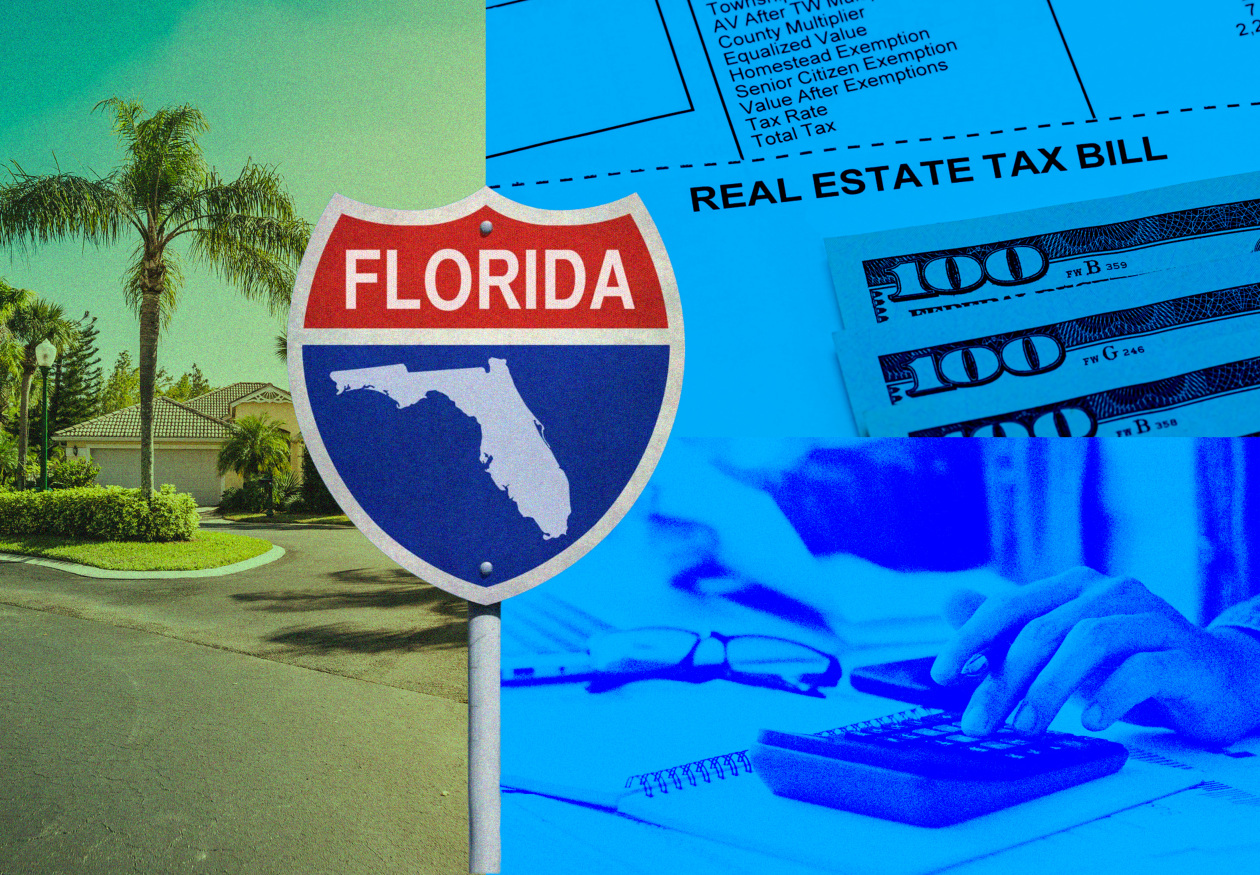 Collage of a Florida highway sign, a house with palm trees, a real estate tax bill, and a person calculating with money.