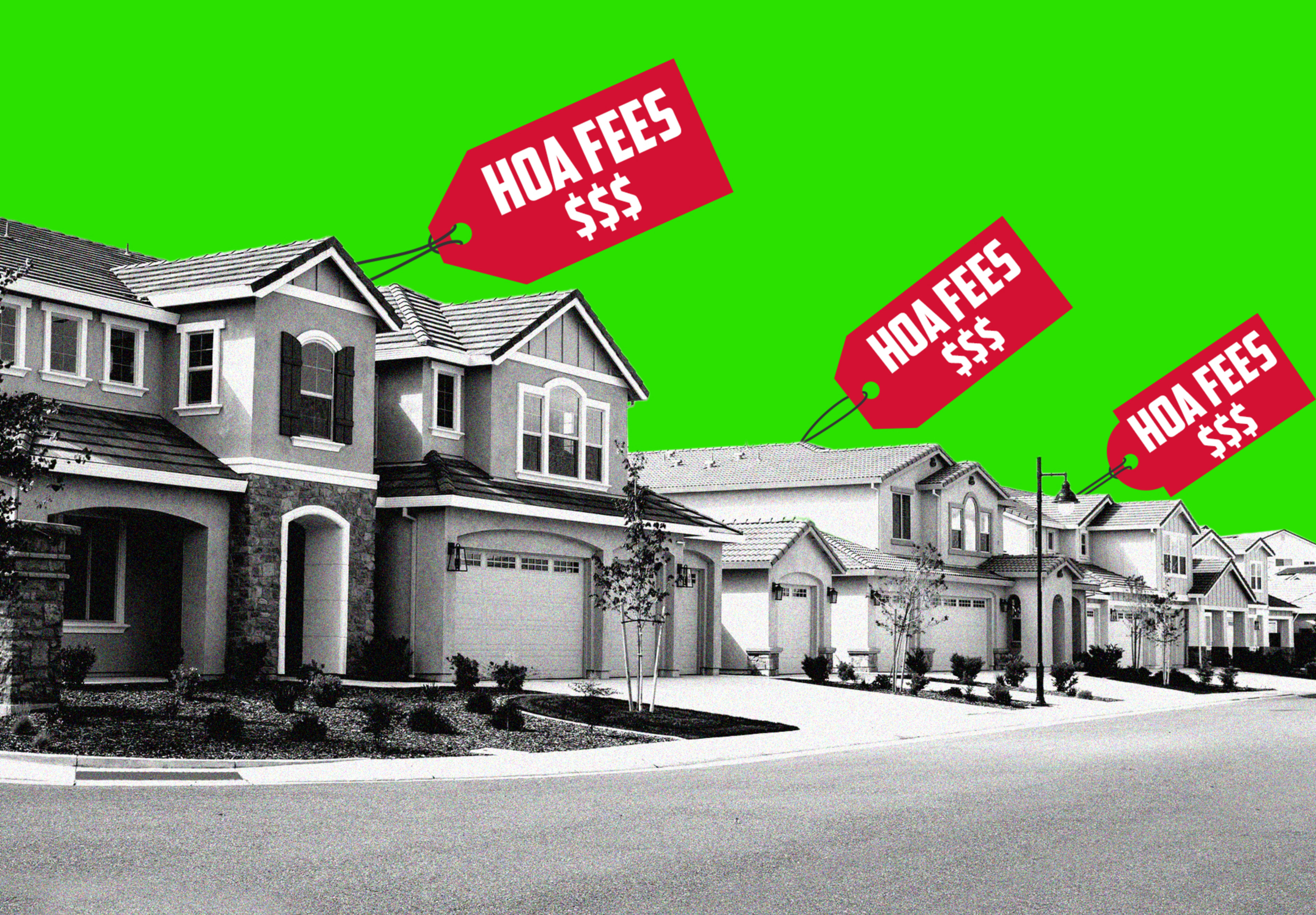 Illustration of several houses with "HOA FEES" tags on their roofs.